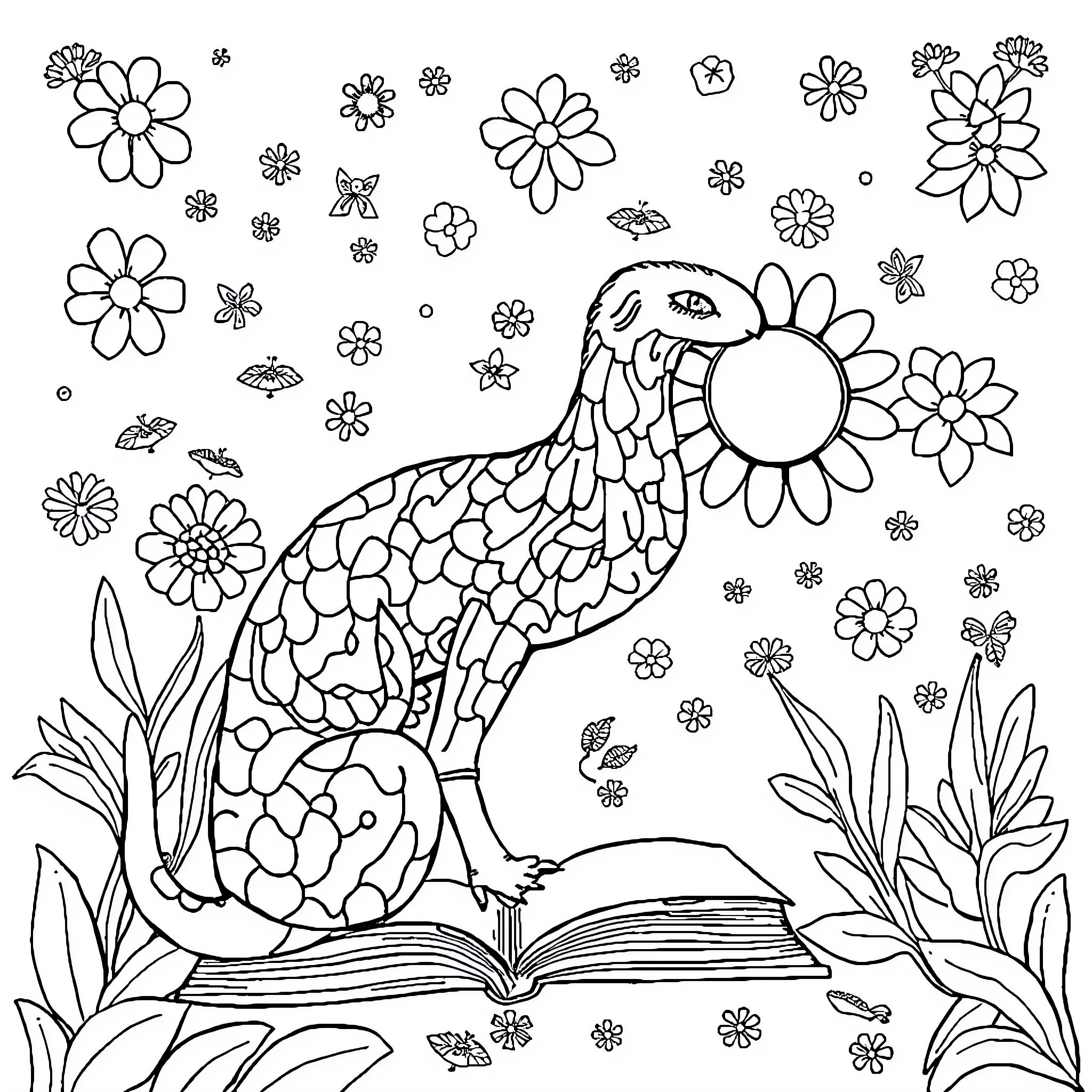 Creativity in Floral Fantasy and Literary Delight Coloring Page (free black-and-white line drawing printable PDF for all, from beginners to advanced learners, including children, teens, adults, and seniors)