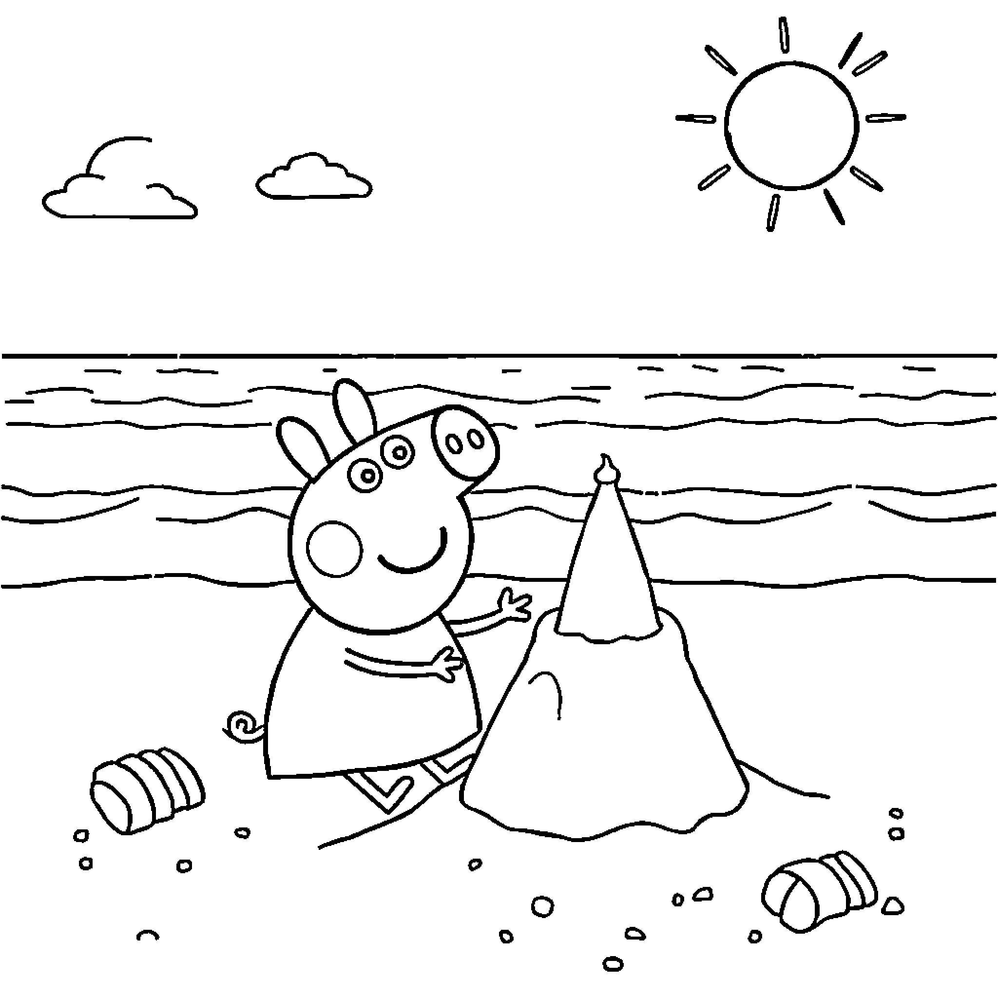 Peppa Pig enjoying the beach on a sunny day Coloring Page (free black-and-white line drawing printable PDF for all, from beginners to advanced learners, including children, teens, adults, and seniors)