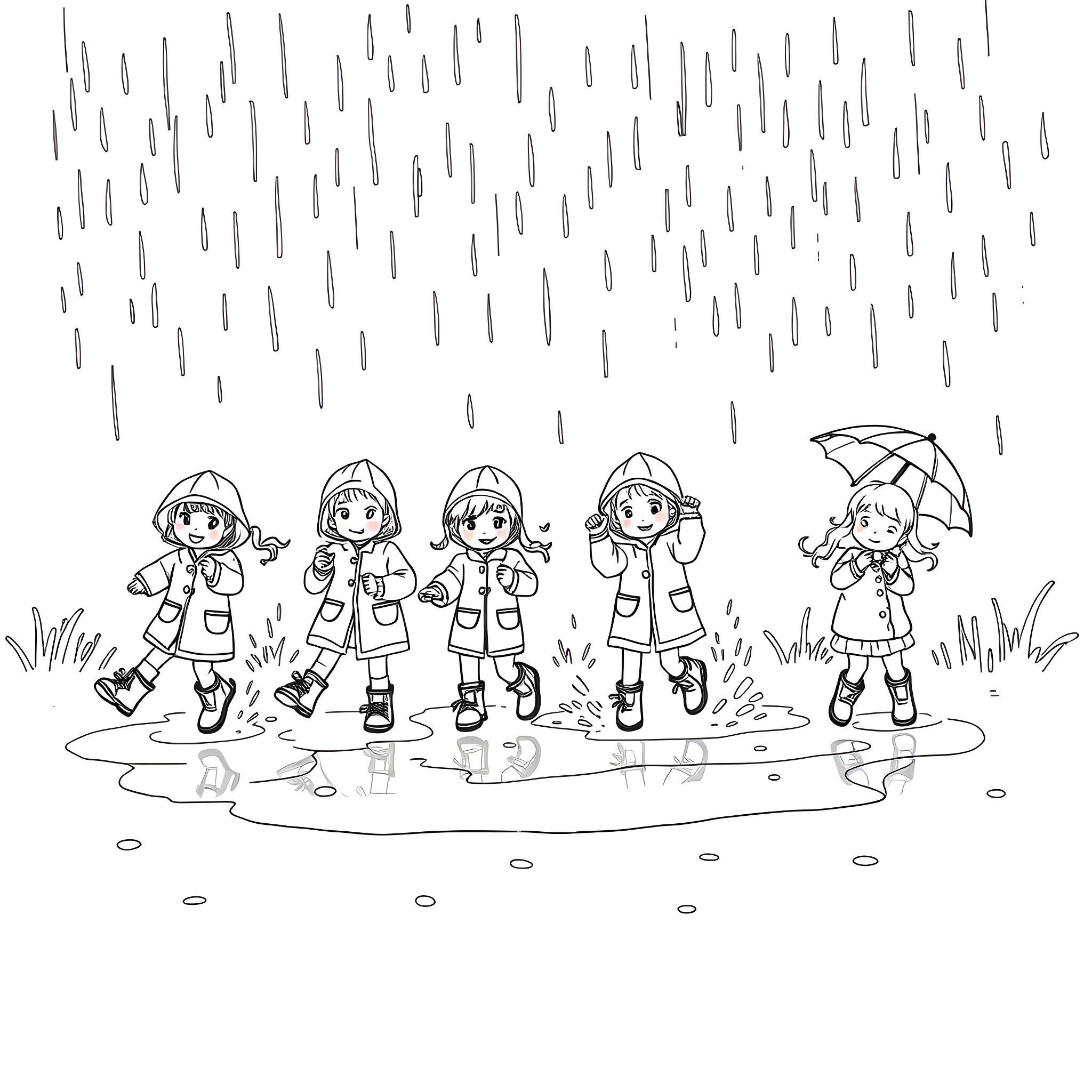 Kid playing in the rain with friends Coloring Page (free black-and-white line drawing printable PDF for all, from beginners to advanced learners, including children, teens, adults, and seniors)