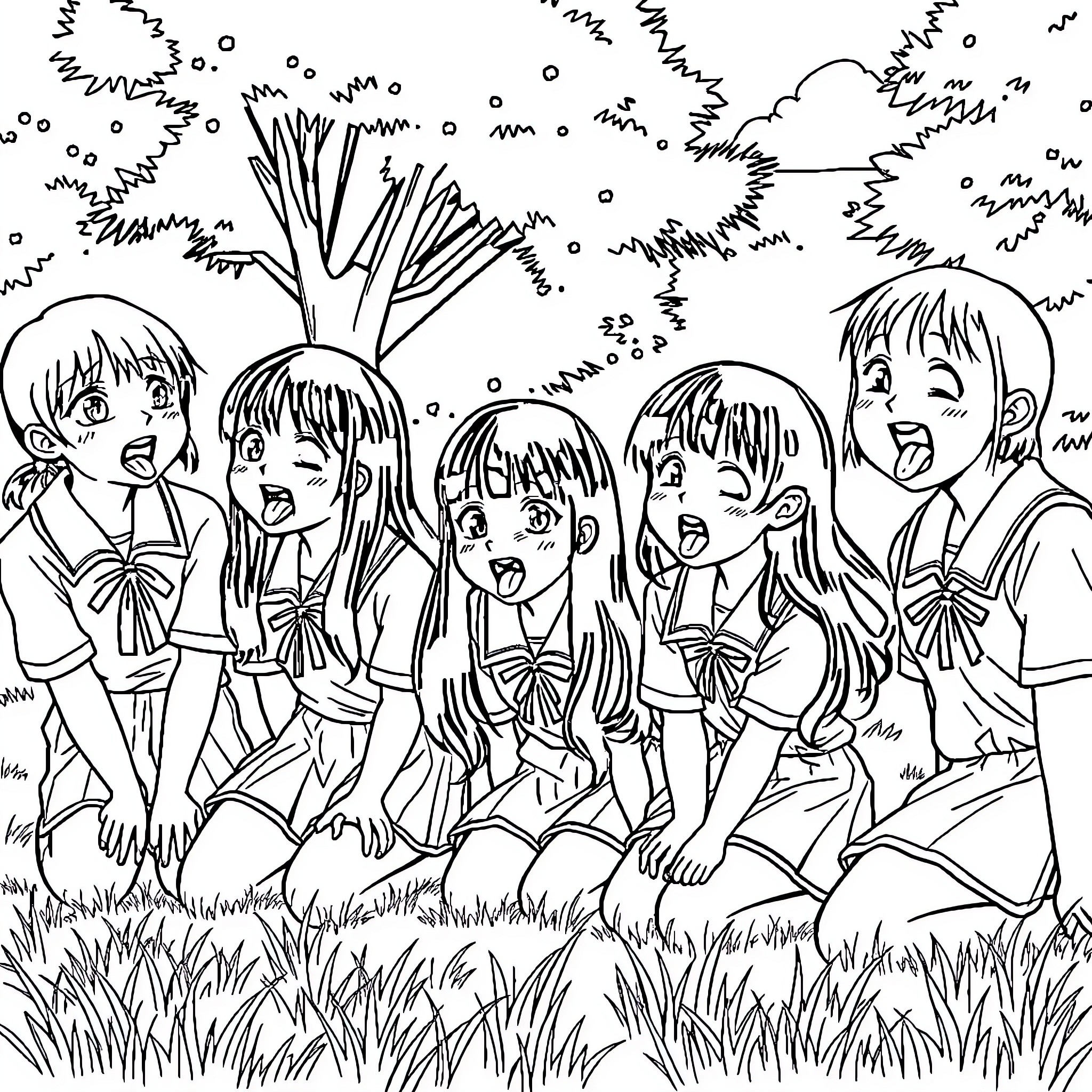 Schoolgirls enjoying outdoor activities together Coloring Page (free black-and-white line drawing printable PDF for all, from beginners to advanced learners, including children, teens, adults, and seniors)