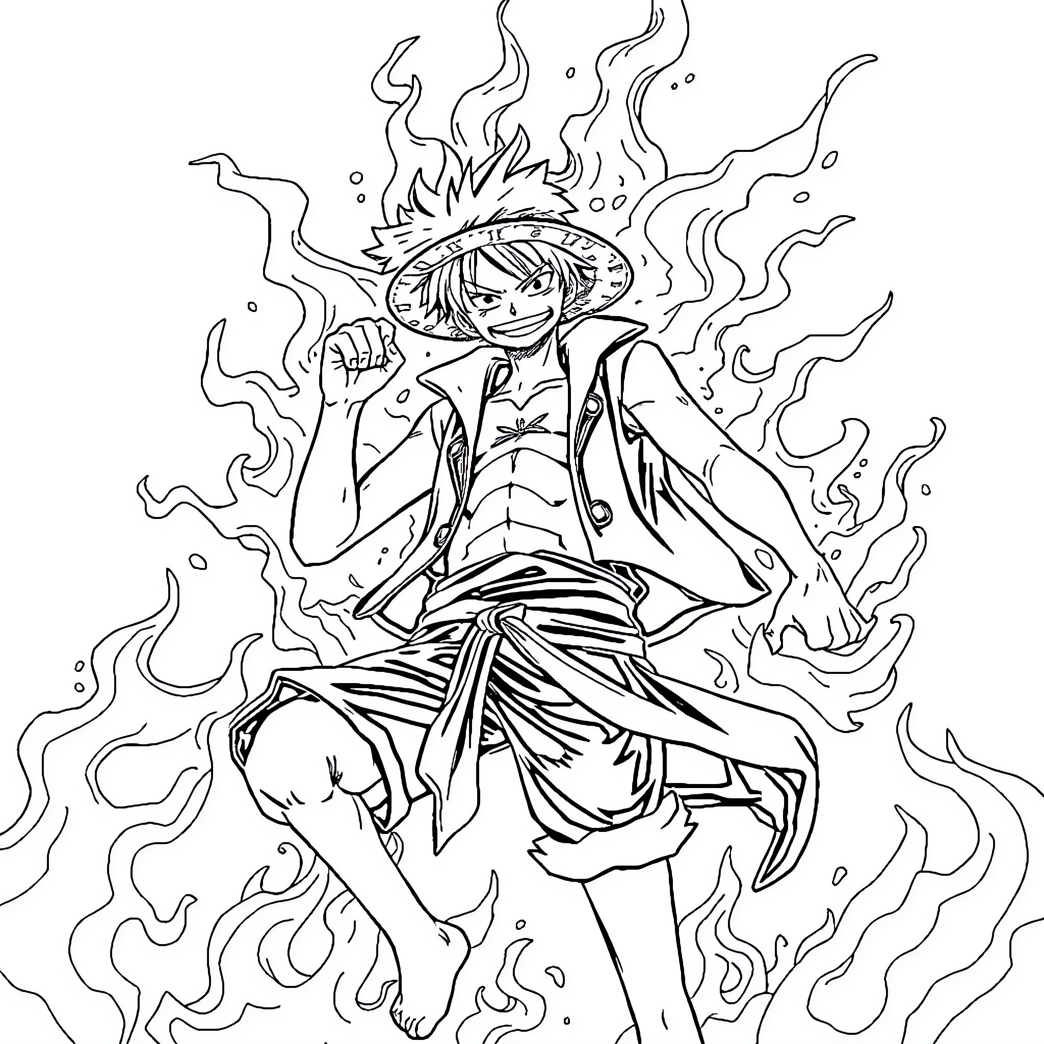 Luffy's Fiery Determination and Adventure Coloring Page (free black-and-white line drawing printable PDF for all, from beginners to advanced learners, including children, teens, adults, and seniors)