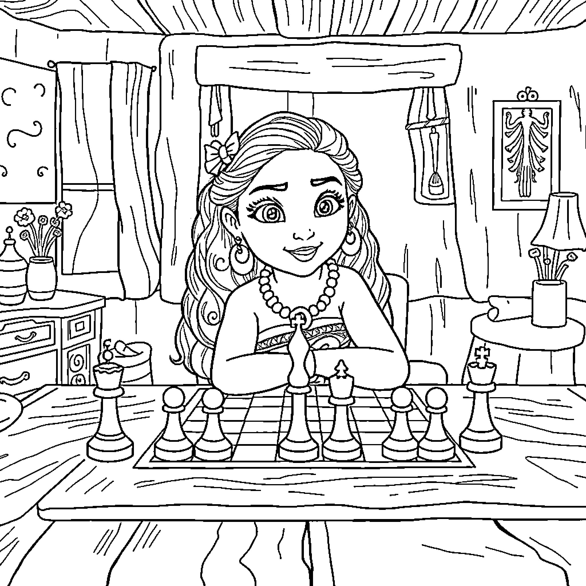Moana playing chess in her room Coloring Page (free black-and-white line drawing printable PDF for all, from beginners to advanced learners, including children, teens, adults, and seniors)
