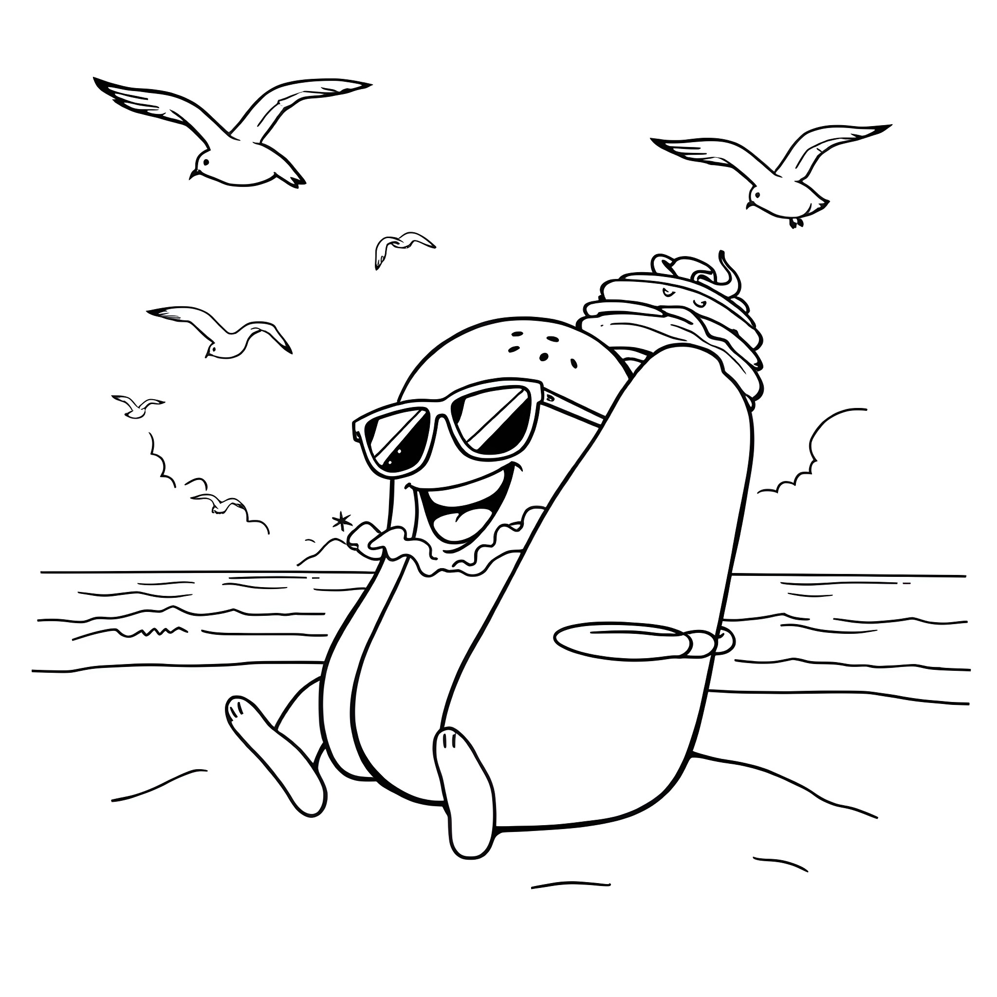 Hotdog enjoying a day at the beach with seagulls Coloring Page (free black-and-white line drawing printable PDF for all, from beginners to advanced learners, including children, teens, adults, and seniors)