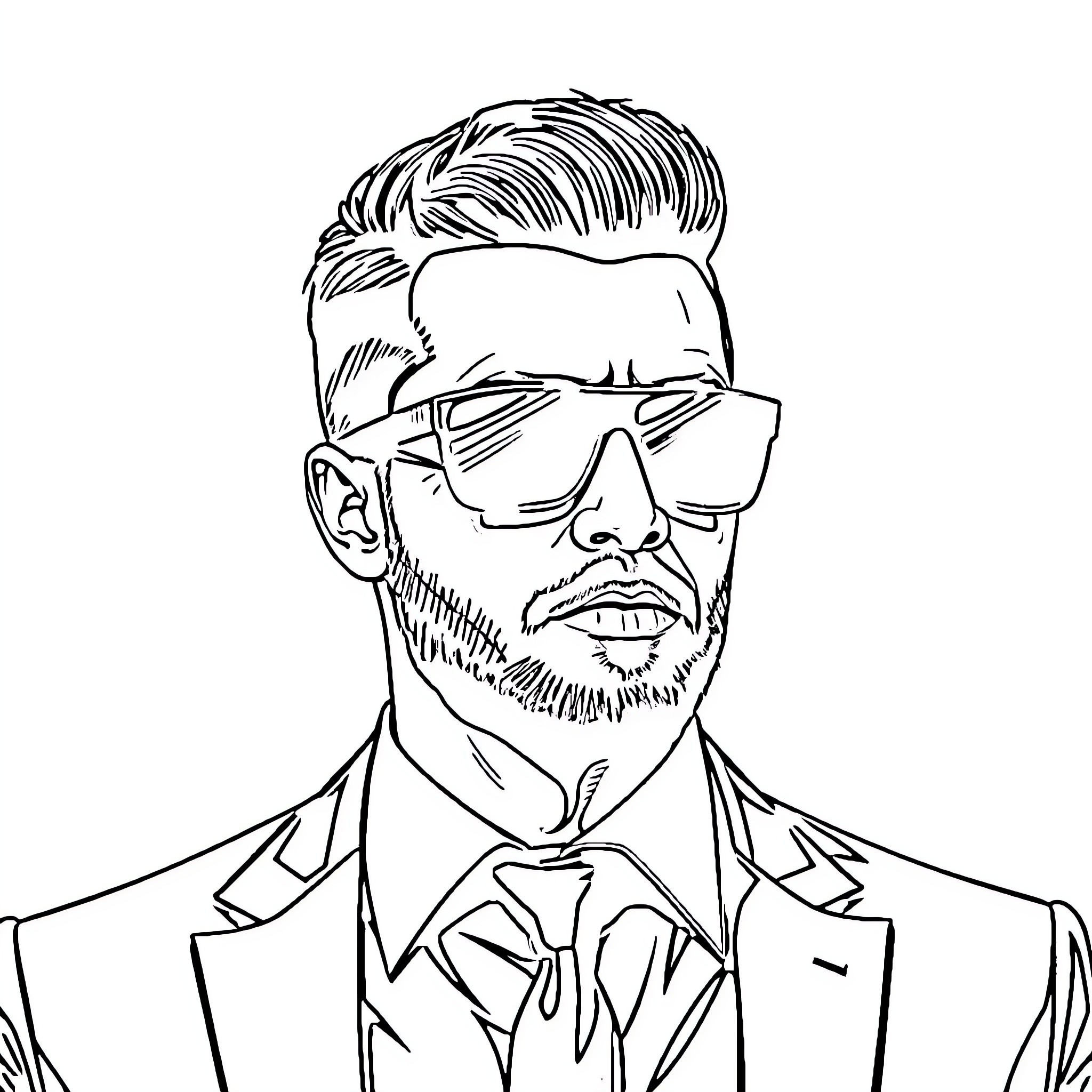 Man in suit and sunglasses with serious expression Coloring Page (free black-and-white line drawing printable PDF for all, from beginners to advanced learners, including children, teens, adults, and seniors)