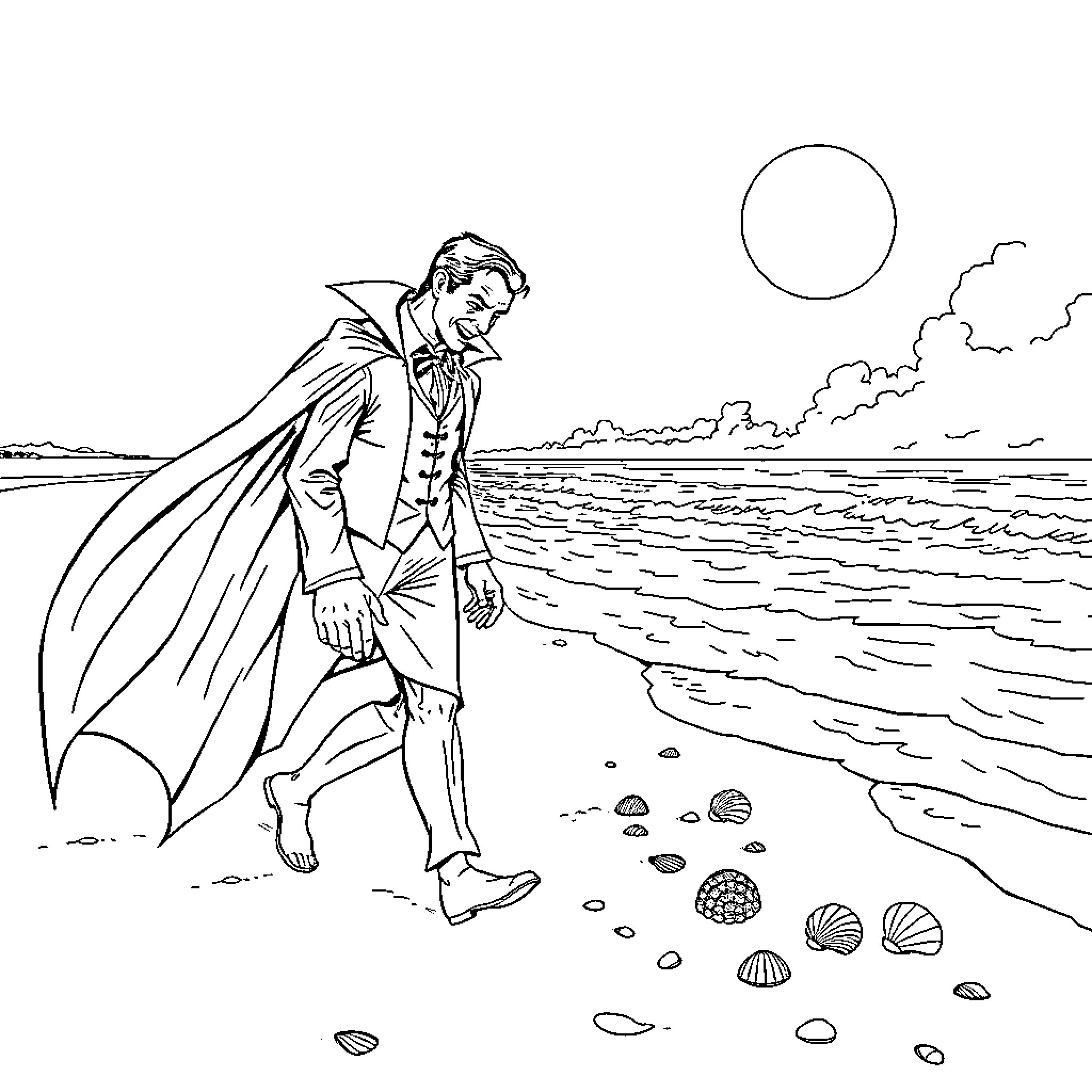 Dracula strolling along the moonlit beach Coloring Page (free black-and-white line drawing printable PDF for all, from beginners to advanced learners, including children, teens, adults, and seniors)
