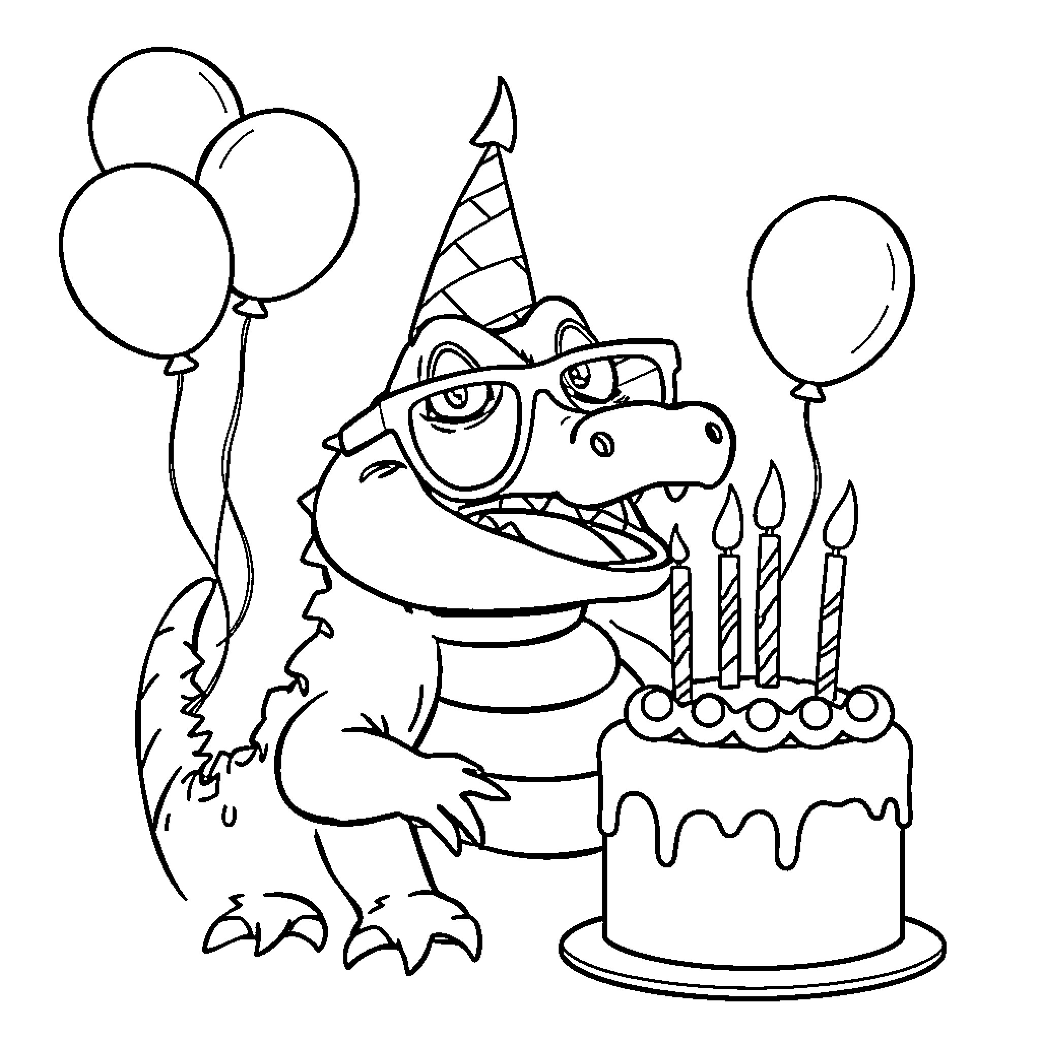 Alligator celebrating birthday with cake and balloons Coloring Page (free black-and-white line drawing printable PDF for all, from beginners to advanced learners, including children, teens, adults, and seniors)