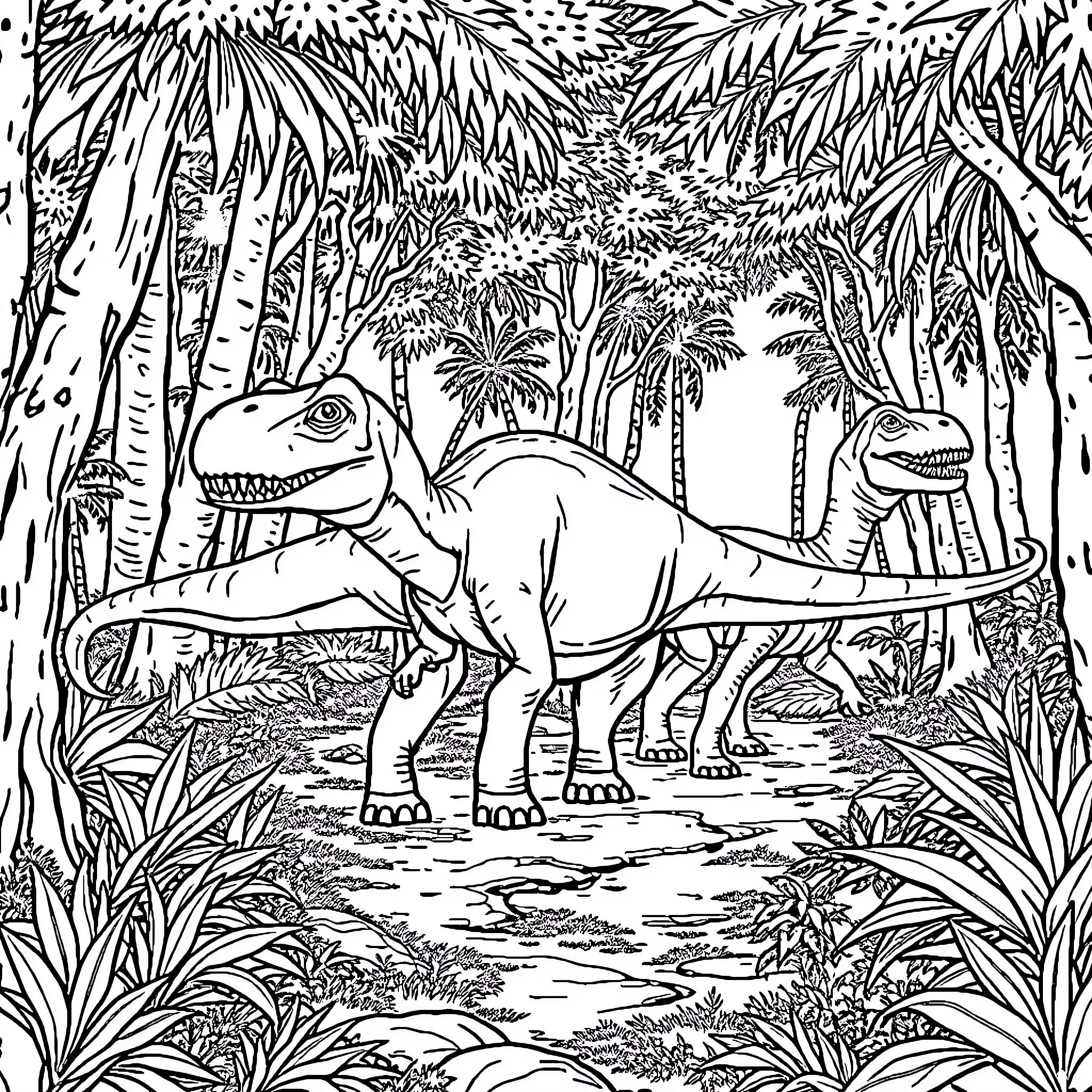 Dinosaurs exploring the lush jungle landscape Coloring Page (free black-and-white line drawing printable PDF for all, from beginners to advanced learners, including children, teens, adults, and seniors)