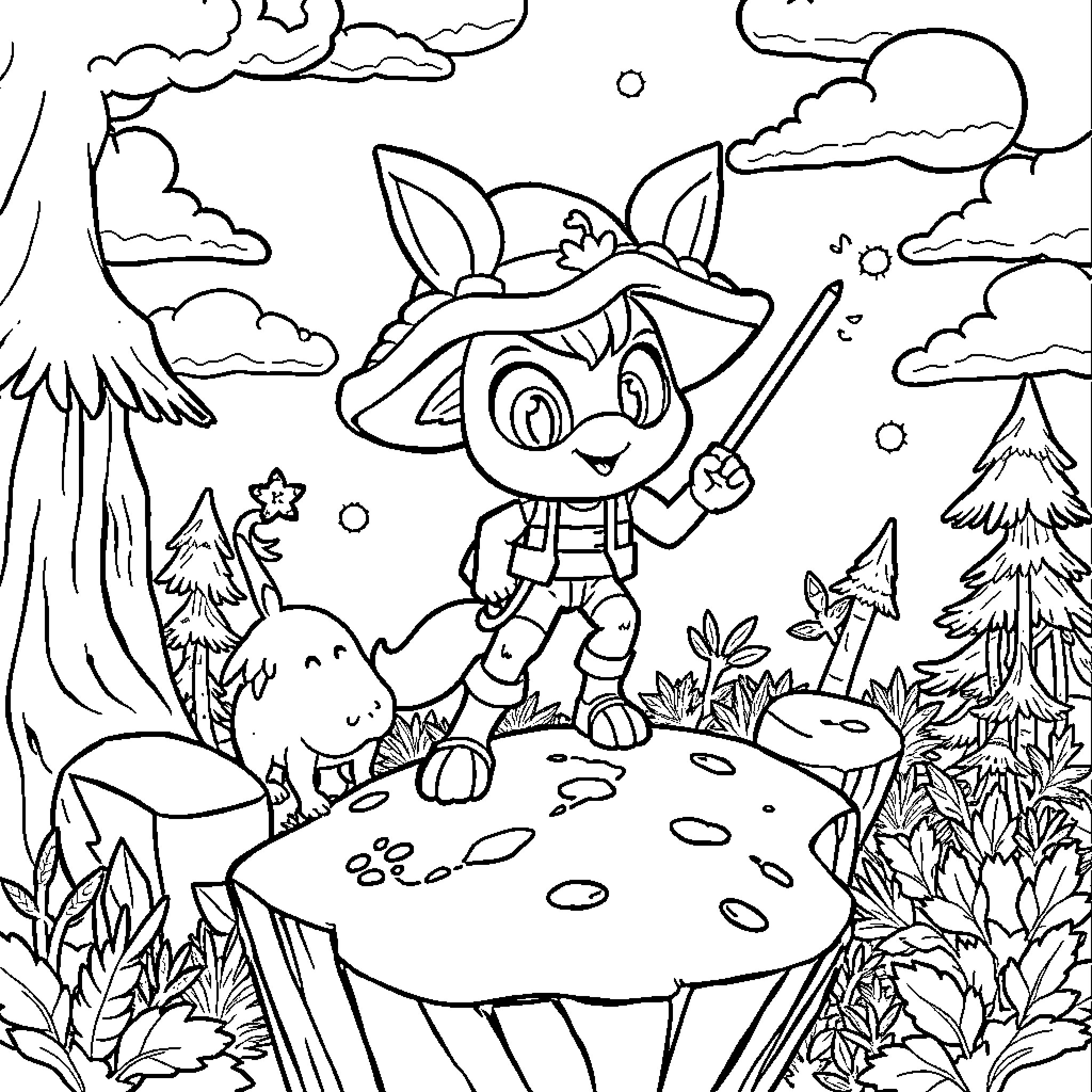 Huntrix's Adventure in the Enchanted Forest Coloring Page (free black-and-white line drawing printable PDF for all, from beginners to advanced learners, including children, teens, adults, and seniors)
