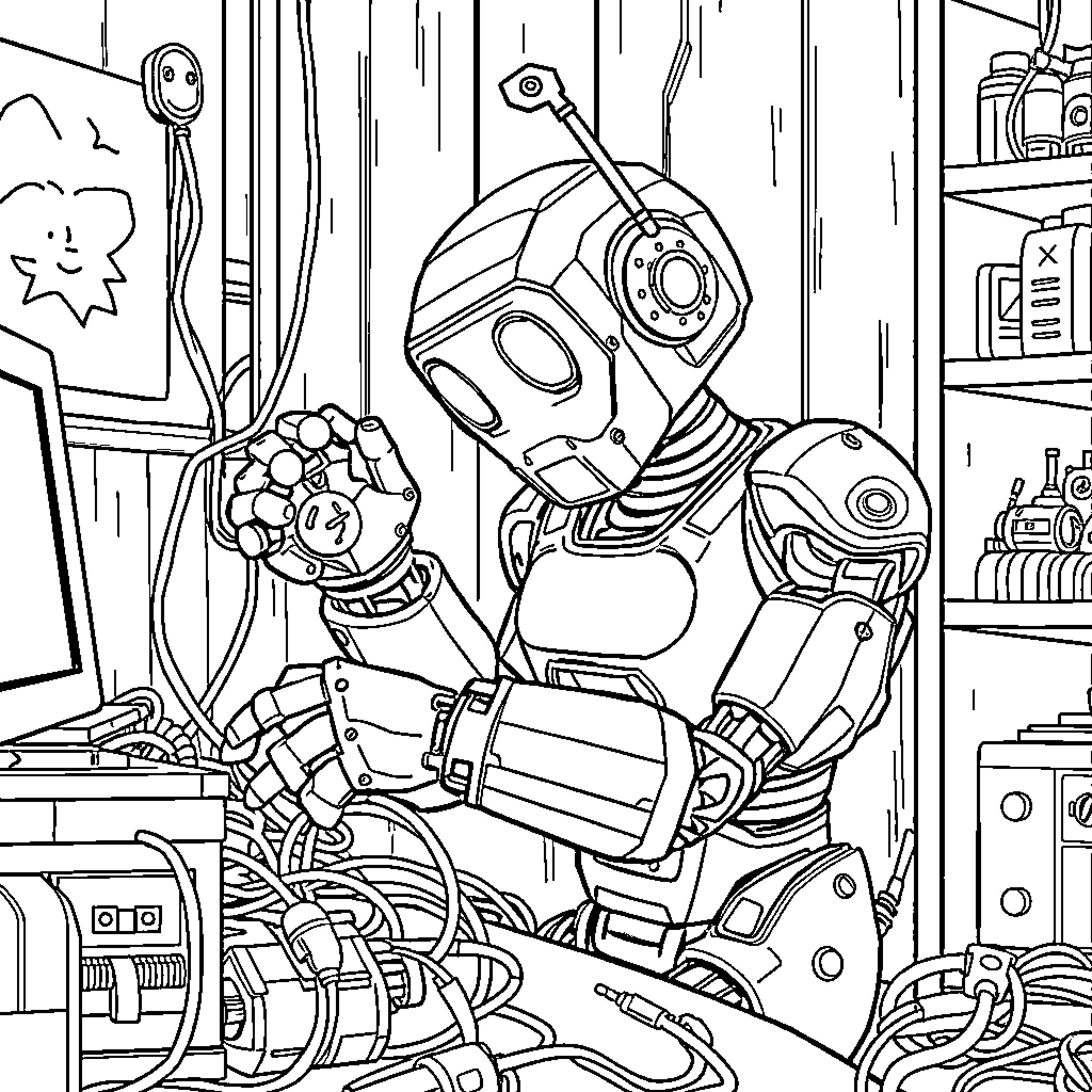 Robot exploring messy workshop filled with gadgets Coloring Page (free black-and-white line drawing printable PDF for all, from beginners to advanced learners, including children, teens, adults, and seniors)