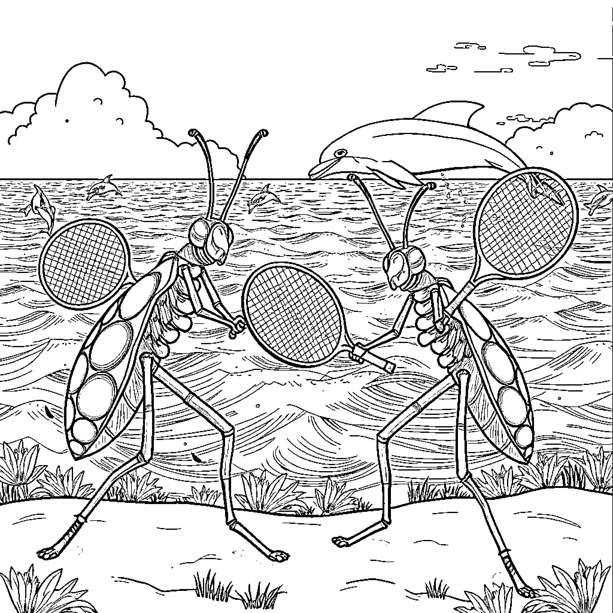 Stick Insects Playing Tennis on the Beach Coloring Page (free black-and-white line drawing printable PDF for all, from beginners to advanced learners, including children, teens, adults, and seniors)