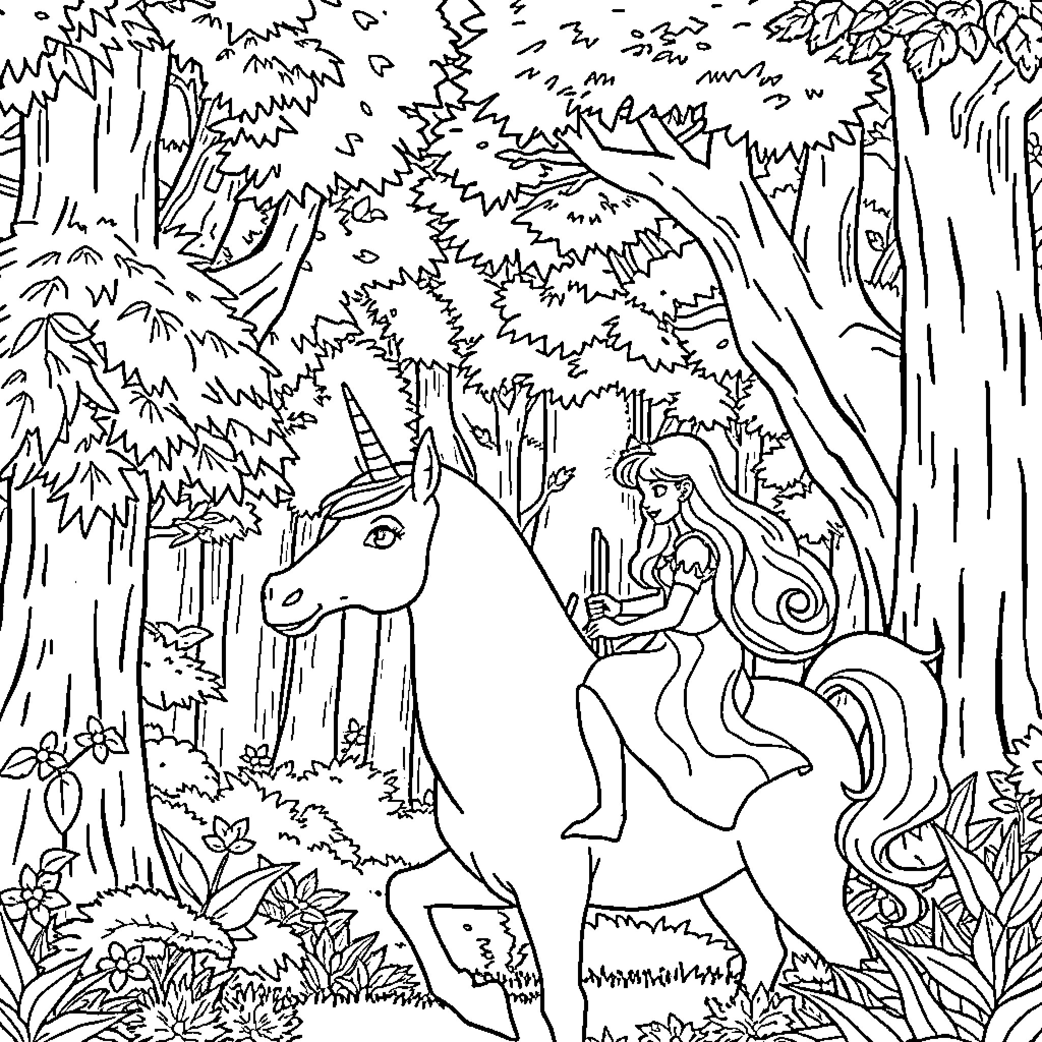 Sleeping Beauty's Enchanted Forest Adventure Coloring Page (free black-and-white line drawing printable PDF for all, from beginners to advanced learners, including children, teens, adults, and seniors)
