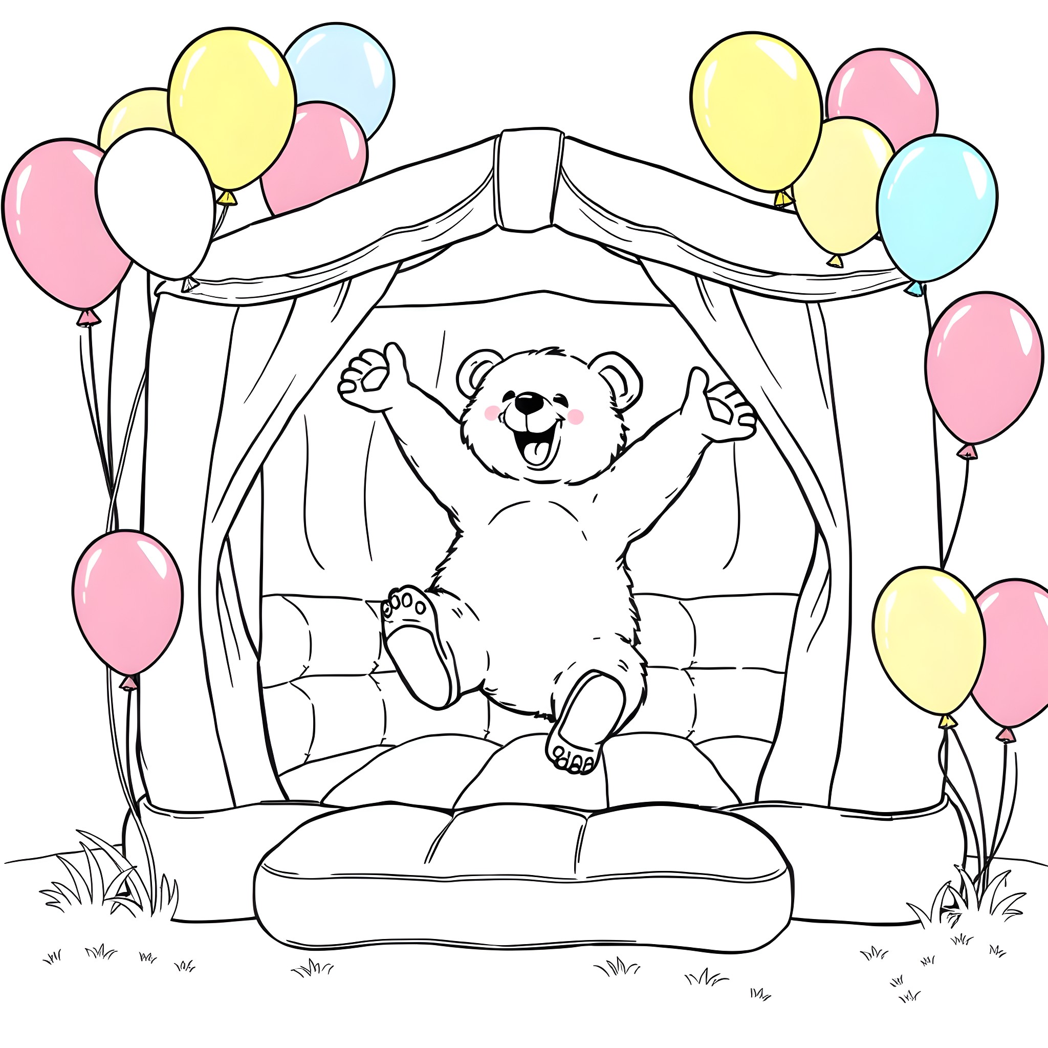 Bear celebrates joyfully on stage with balloons Coloring Page (free black-and-white line drawing printable PDF for all, from beginners to advanced learners, including children, teens, adults, and seniors)