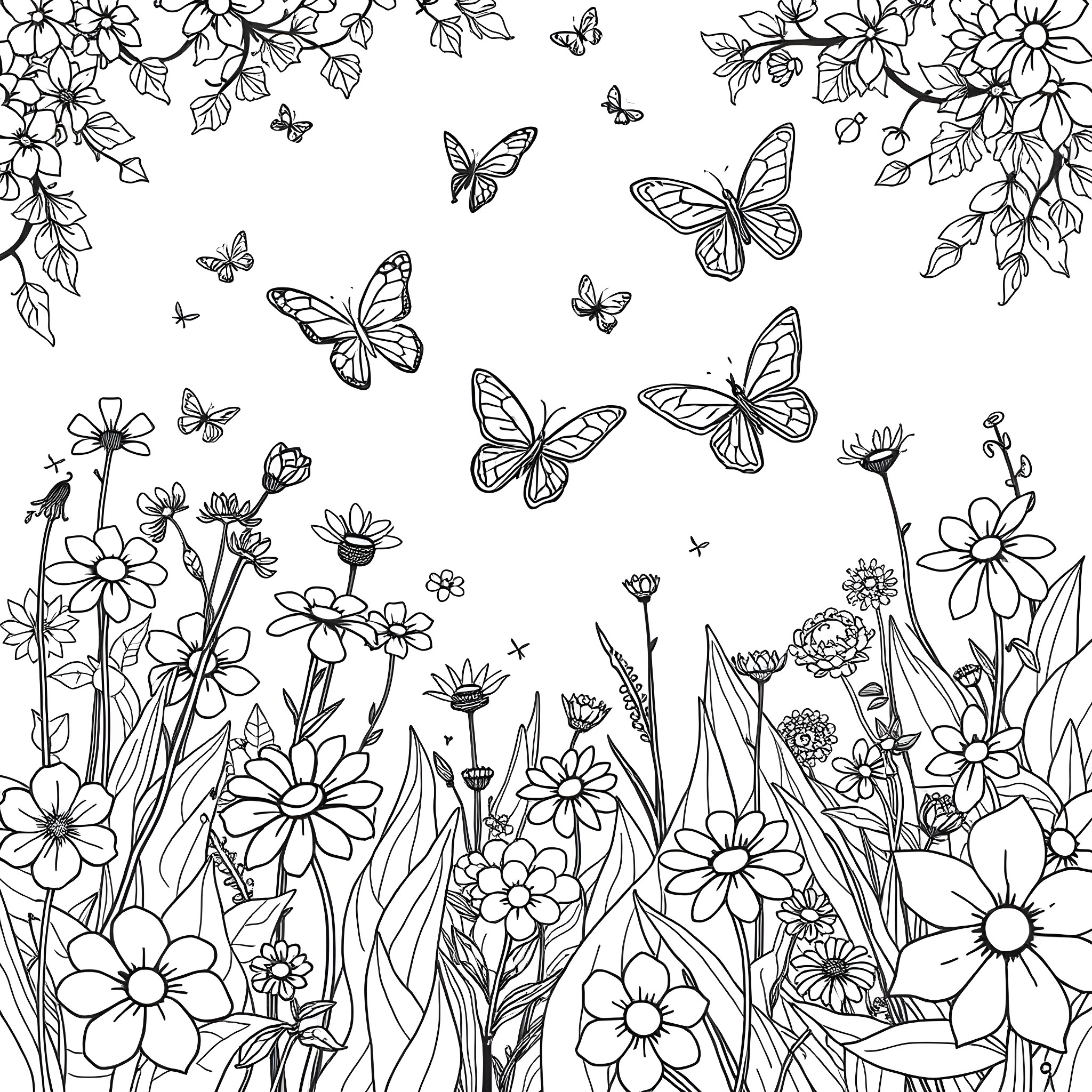 Butterfly Dance Amongst the Floral Blooms Coloring Page (free black-and-white line drawing printable PDF for all, from beginners to advanced learners, including children, teens, adults, and seniors)