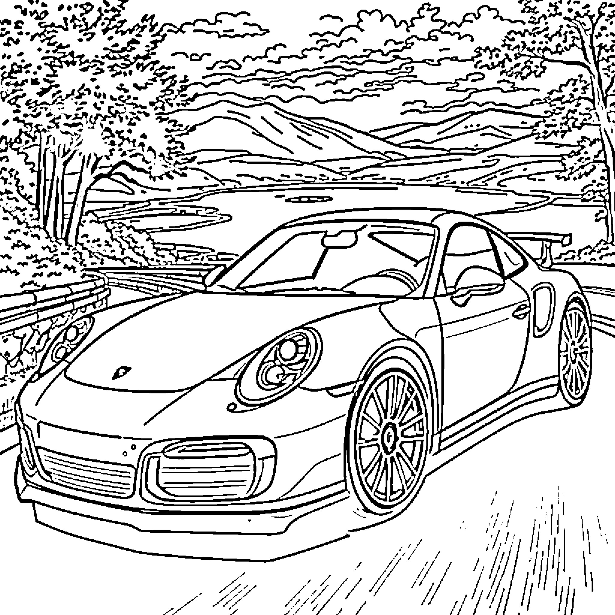 Porsche sports car driving on a scenic mountain road Coloring Page (free black-and-white line drawing printable PDF for all, from beginners to advanced learners, including children, teens, adults, and seniors)
