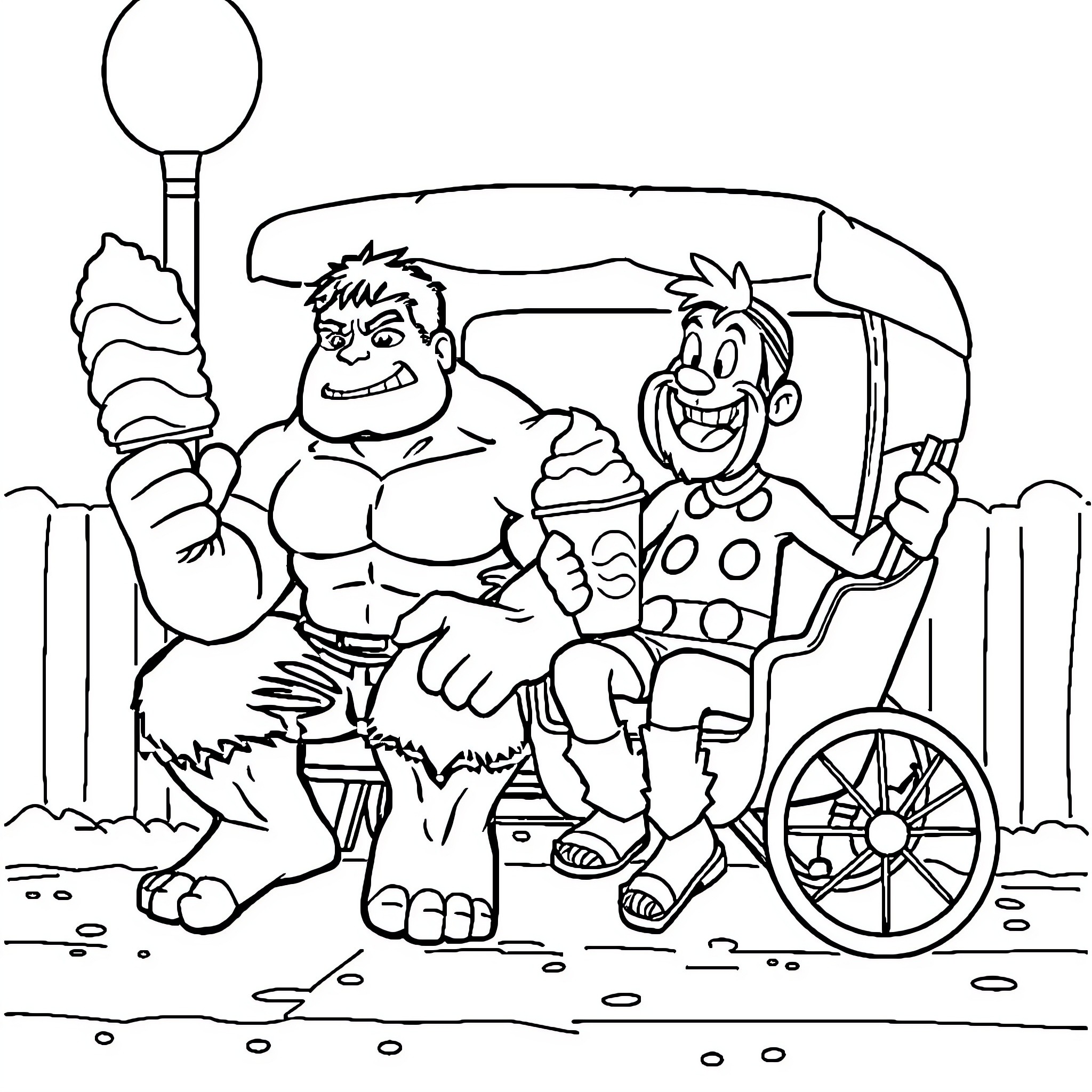Hulk and friend enjoy outdoor adventure Coloring Page (free black-and-white line drawing printable PDF for all, from beginners to advanced learners, including children, teens, adults, and seniors)