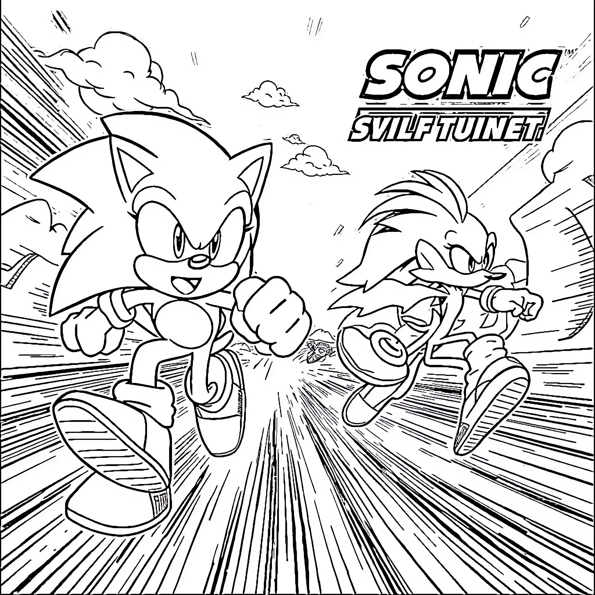 Sonic and Tails in an action-packed adventure Coloring Page (free black-and-white line drawing printable PDF for all, from beginners to advanced learners, including children, teens, adults, and seniors)