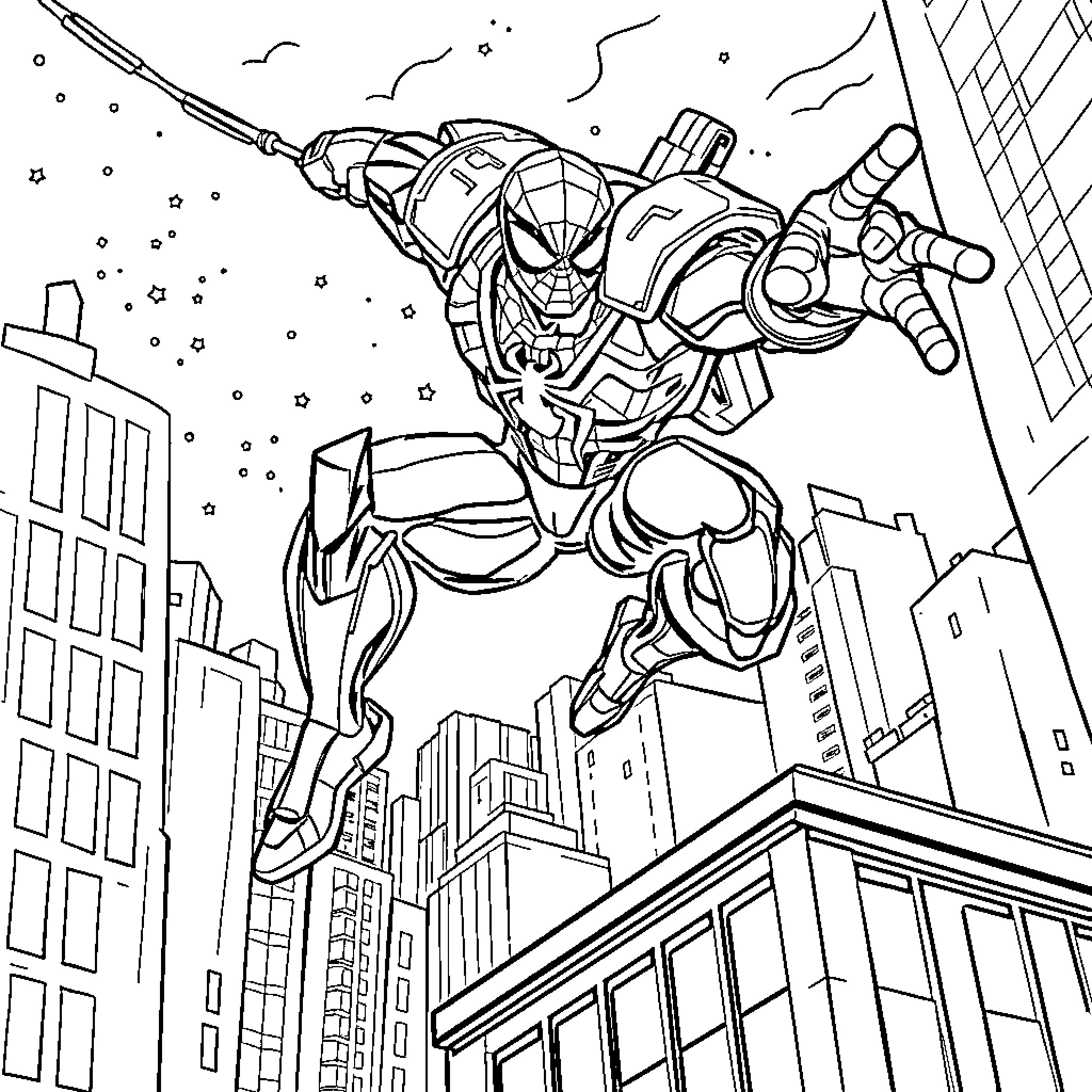 Spiderman swinging through the city skyline Coloring Page (free black-and-white line drawing printable PDF for all, from beginners to advanced learners, including children, teens, adults, and seniors)