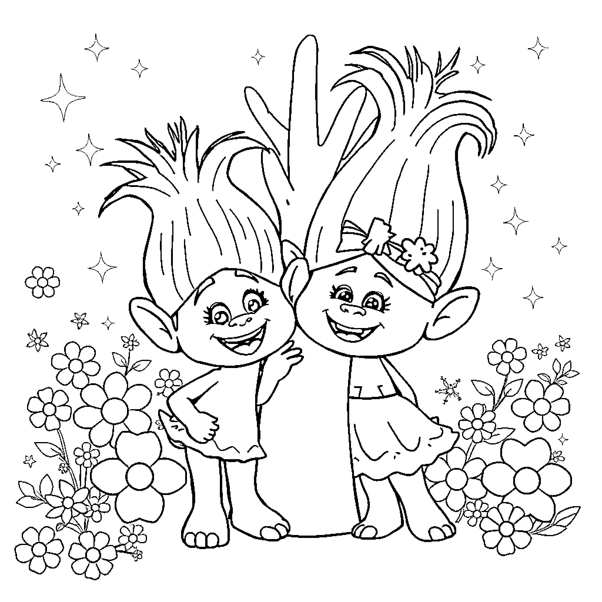 Poppy characters in a floral scene Coloring Page (free black-and-white line drawing printable PDF for all, from beginners to advanced learners, including children, teens, adults, and seniors)