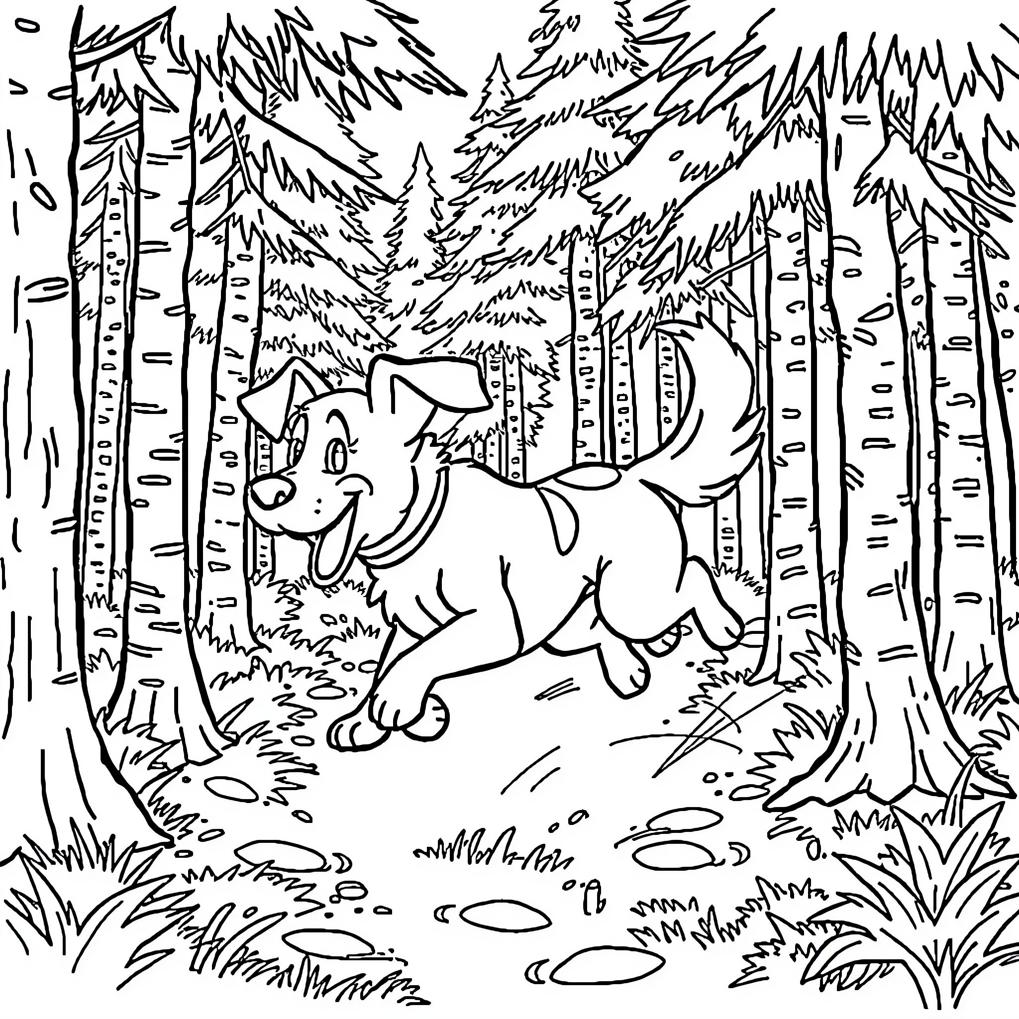 Dog running playfully through the forest Coloring Page (free black-and-white line drawing printable PDF for all, from beginners to advanced learners, including children, teens, adults, and seniors)