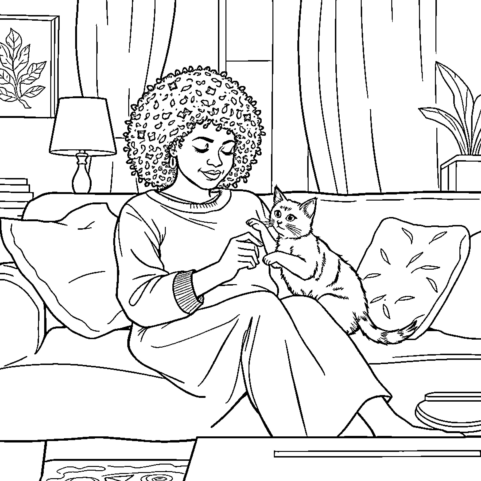 Woman enjoying peaceful moment with her cat Coloring Page (free black-and-white line drawing printable PDF for all, from beginners to advanced learners, including children, teens, adults, and seniors)