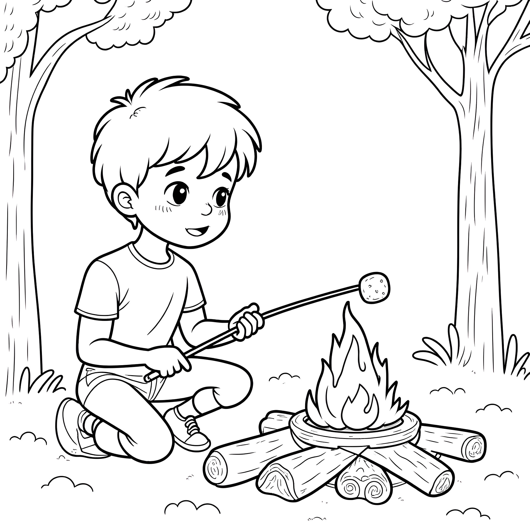 Kid camping and roasting marshmallows in the forest Coloring Page (free black-and-white line drawing printable PDF for all, from beginners to advanced learners, including children, teens, adults, and seniors)