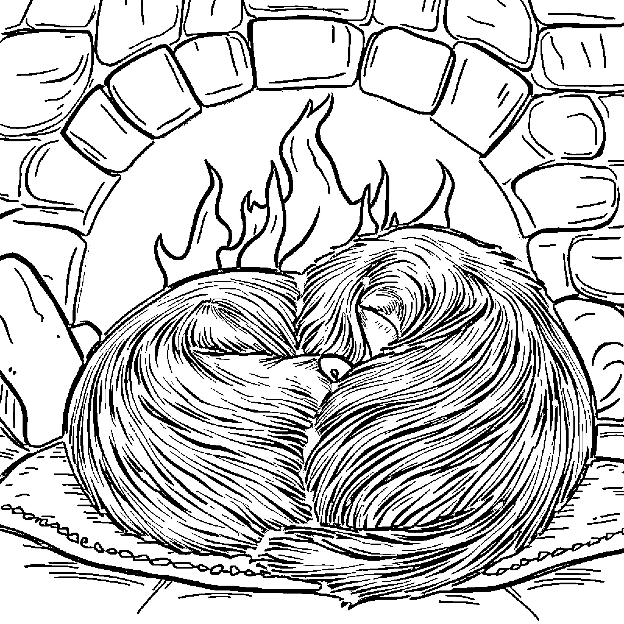 Dachshund curled up and sleeping by the fireplace Coloring Page (free black-and-white line drawing printable PDF for all, from beginners to advanced learners, including children, teens, adults, and seniors)