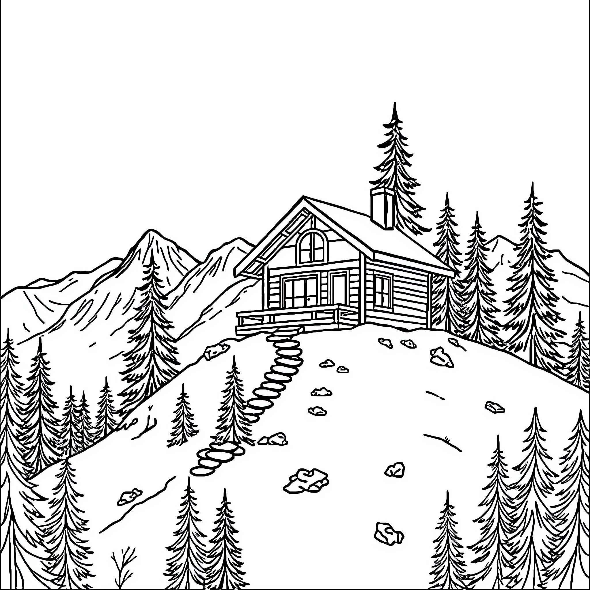 Cabin nestled in a snowy mountain landscape Coloring Page (free black-and-white line drawing printable PDF for all, from beginners to advanced learners, including children, teens, adults, and seniors)
