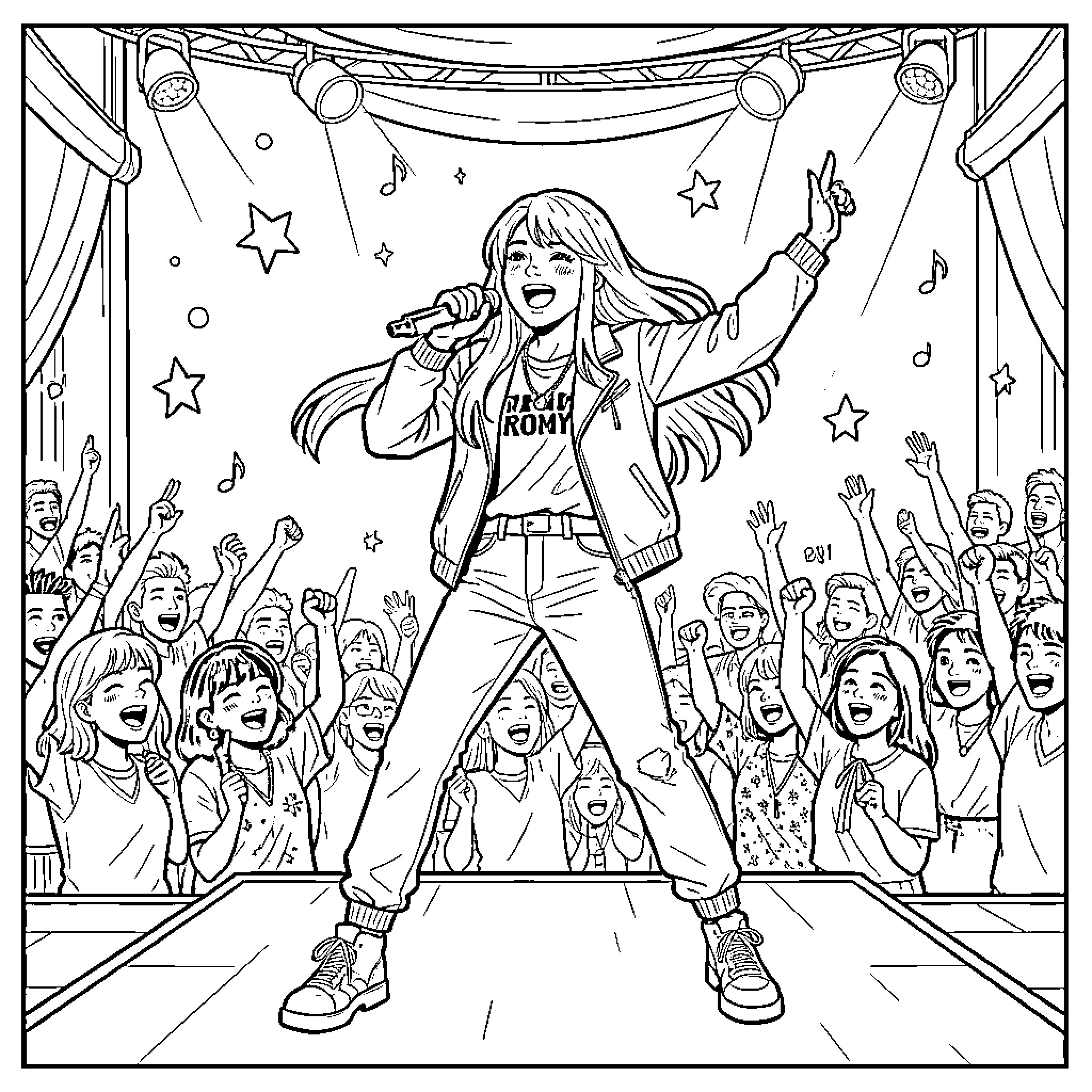 Romy singing enthusiastically on stage before a crowd Coloring Page (free black-and-white line drawing printable PDF for all, from beginners to advanced learners, including children, teens, adults, and seniors)