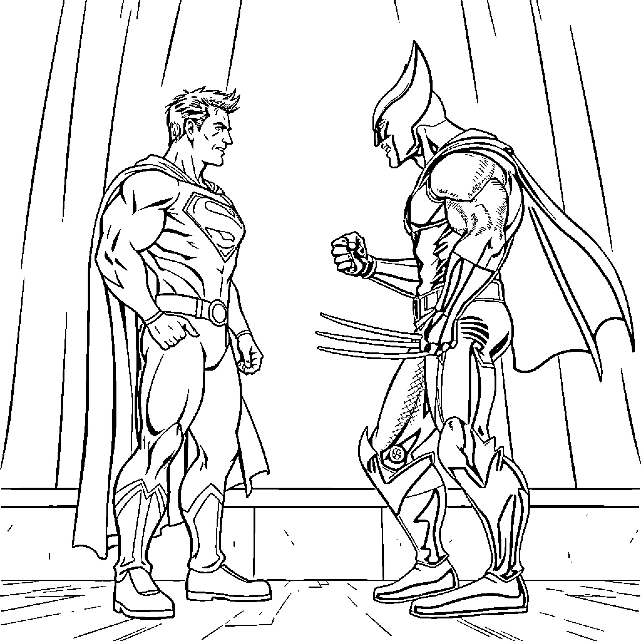 Superman confronts Batman in the rain Coloring Page (free black-and-white line drawing printable PDF for all, from beginners to advanced learners, including children, teens, adults, and seniors)