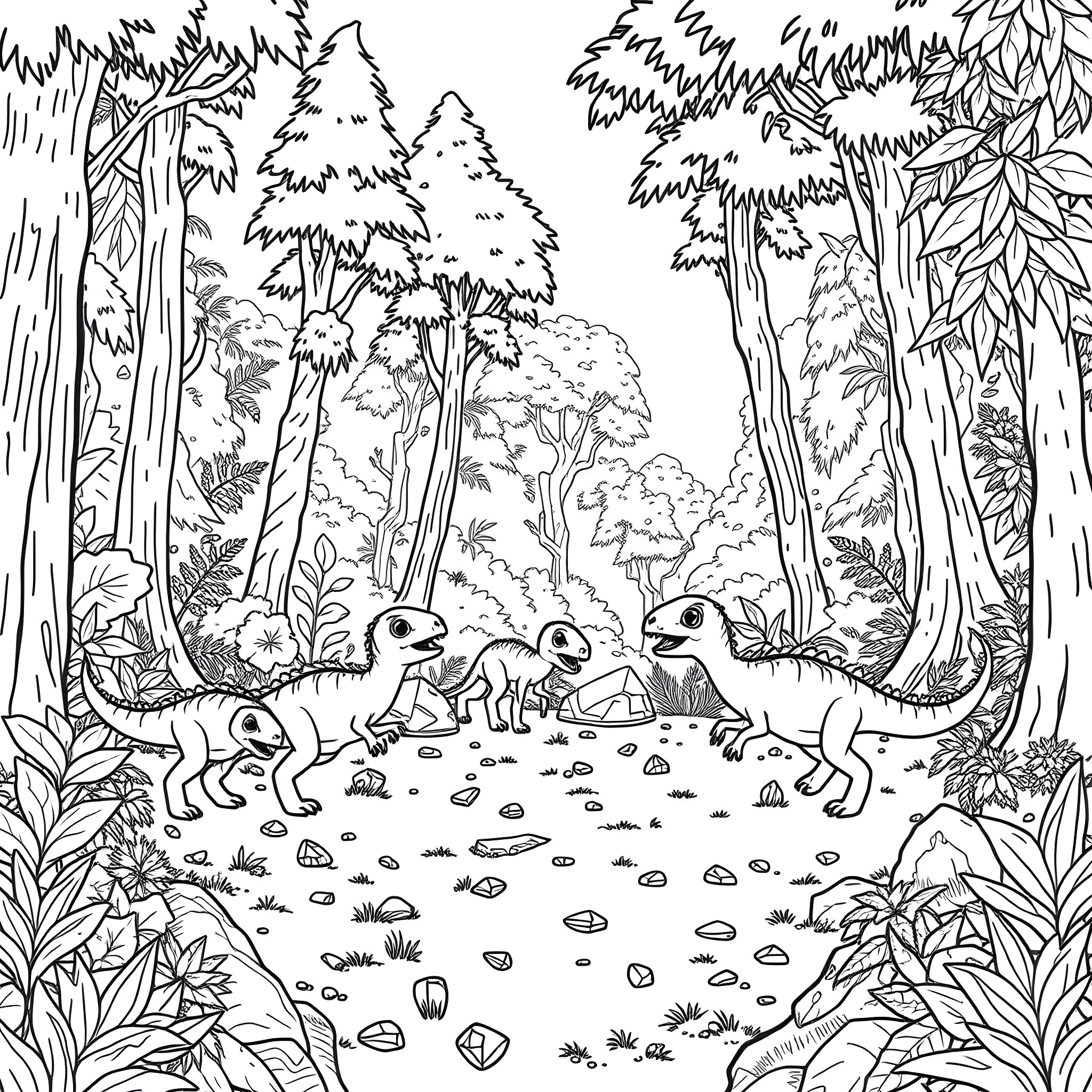 Dinosaurs exploring the lush forest habitat Coloring Page (free black-and-white line drawing printable PDF for all, from beginners to advanced learners, including children, teens, adults, and seniors)