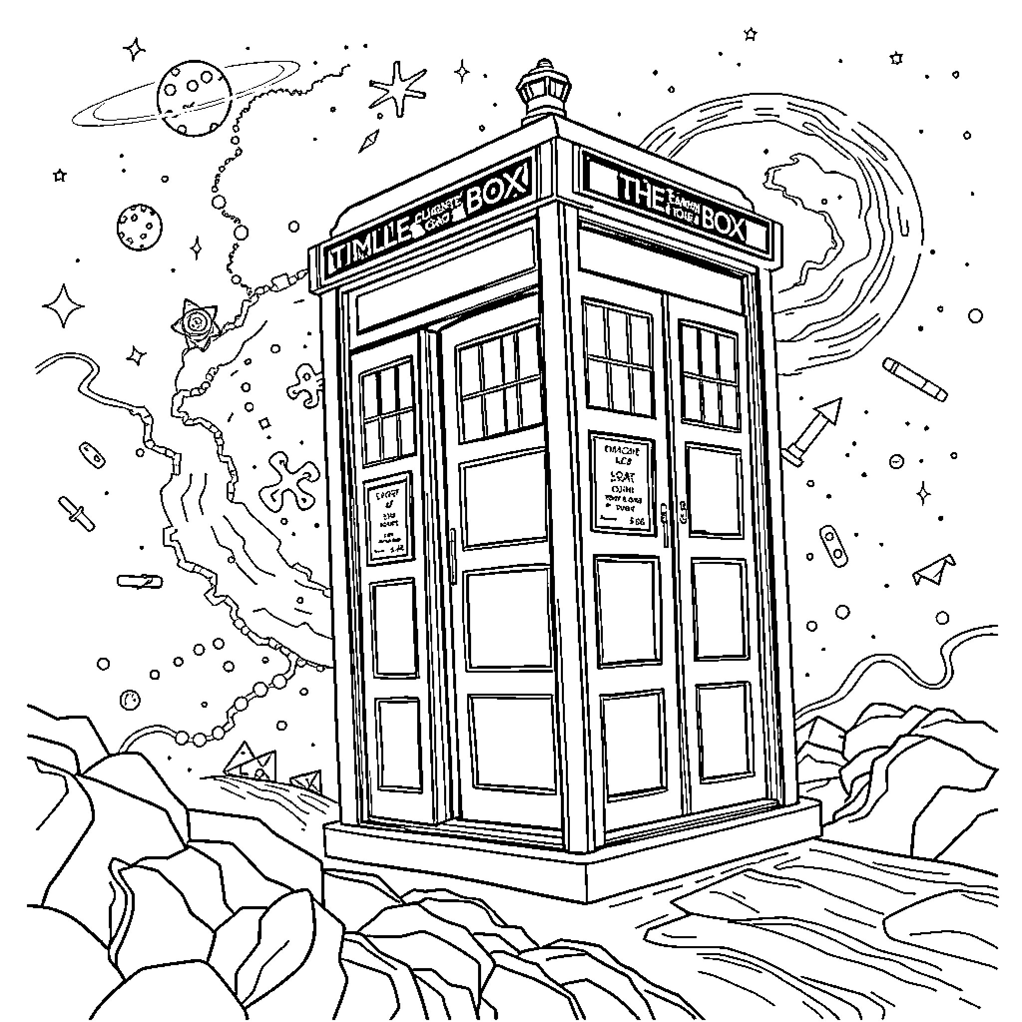 Doctor Who's Iconic Time-Traveling Police Box in Cosmic Landscape Coloring Page (free black-and-white line drawing printable PDF for all, from beginners to advanced learners, including children, teens, adults, and seniors)