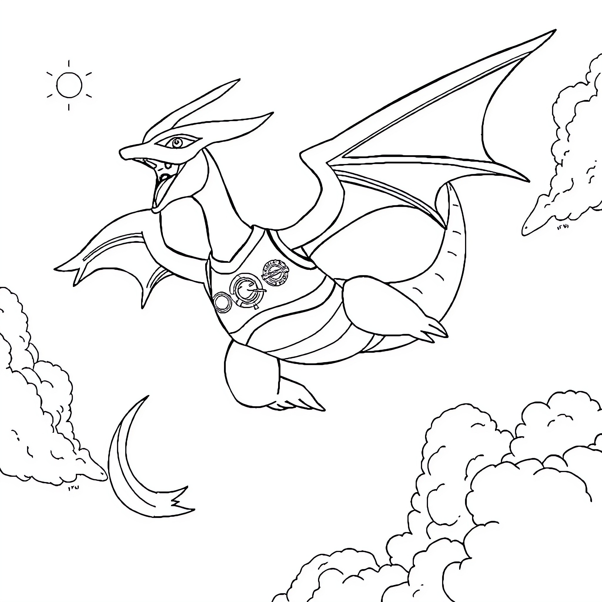 Rayquaza soaring through the cloudy skies Coloring Page (free black-and-white line drawing printable PDF for all, from beginners to advanced learners, including children, teens, adults, and seniors)