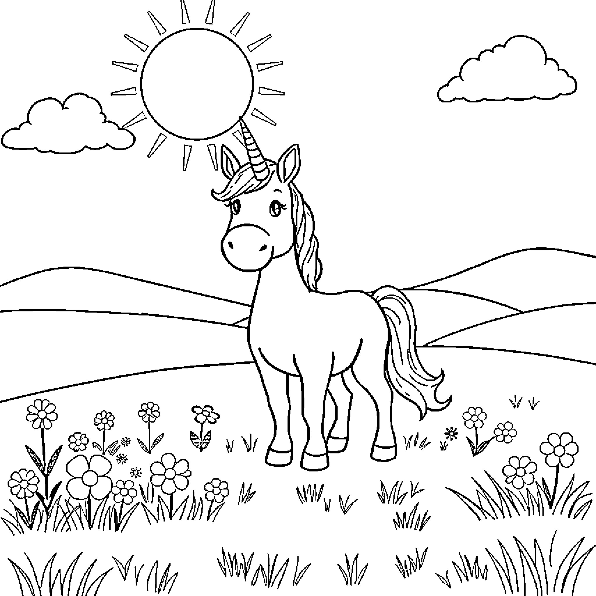 Unicorn enjoying the sunny day in the meadow Coloring Page (free black-and-white line drawing printable PDF for all, from beginners to advanced learners, including children, teens, adults, and seniors)