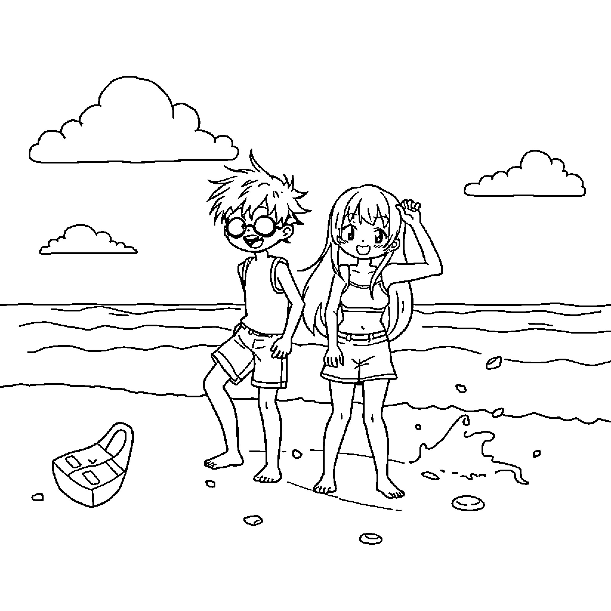 Huntirx's Seaside Adventure with Friends Coloring Page (free black-and-white line drawing printable PDF for all, from beginners to advanced learners, including children, teens, adults, and seniors)