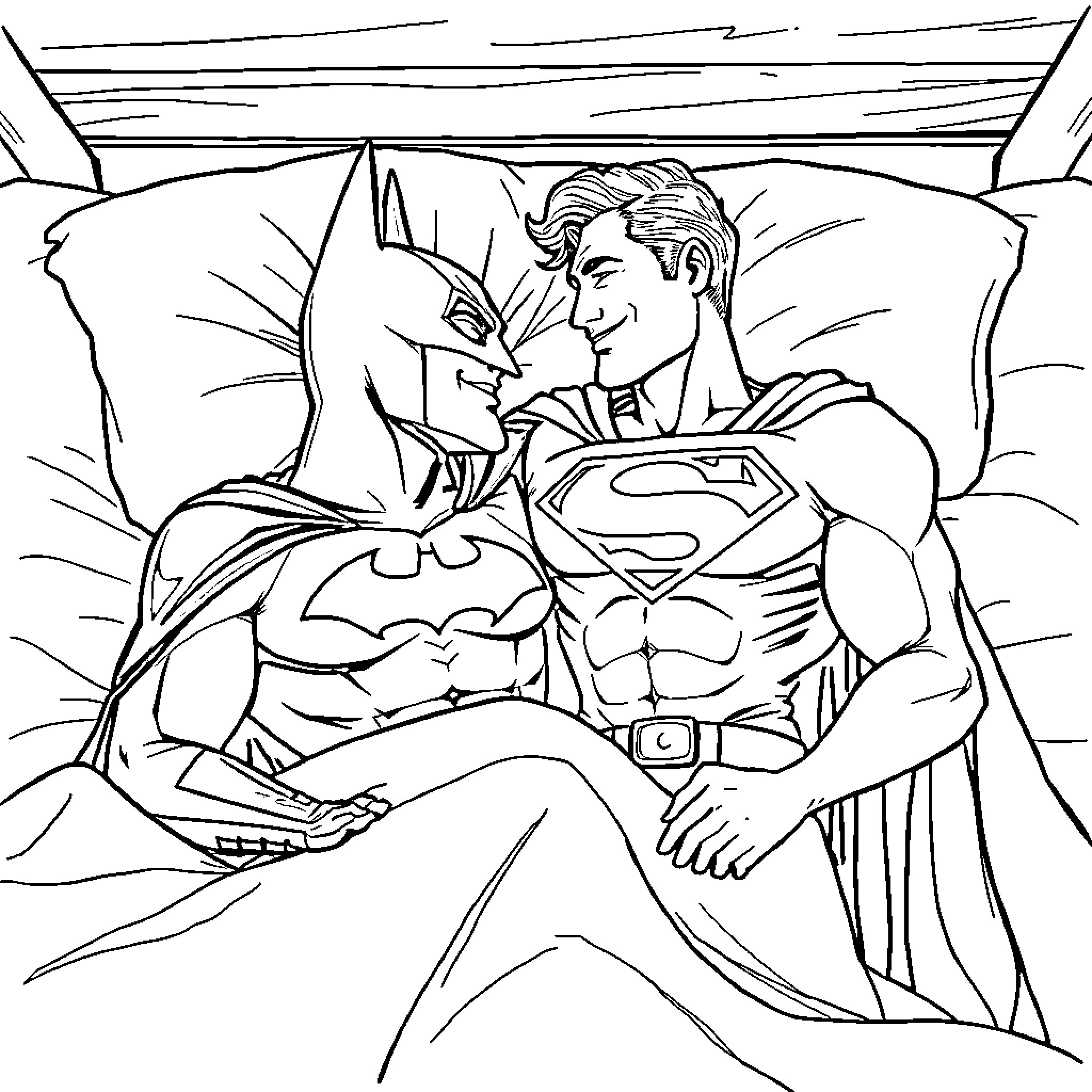 Batman and Superman in action Coloring Page (free black-and-white line drawing printable PDF for all, from beginners to advanced learners, including children, teens, adults, and seniors)
