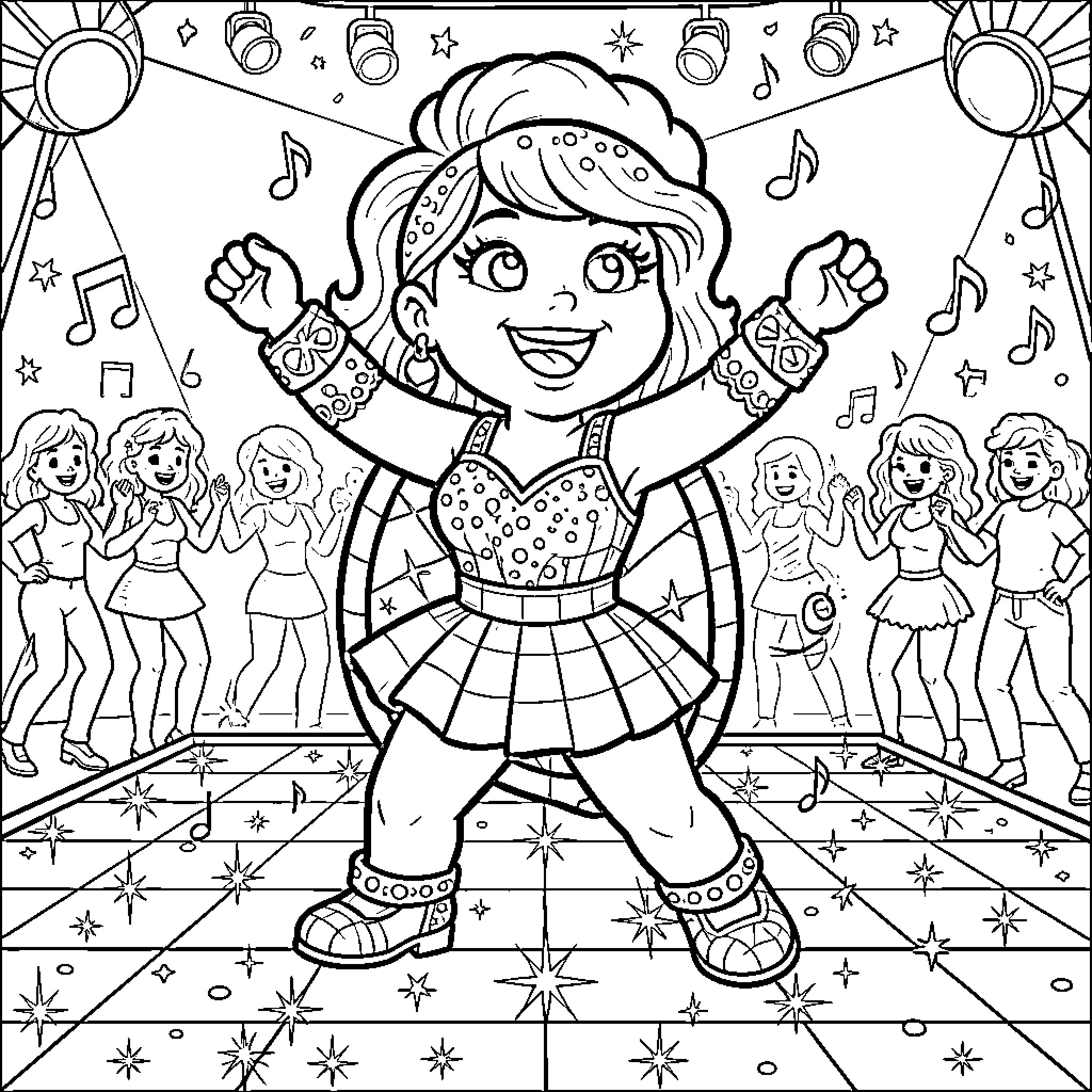 Kemp's Ridley Sea Turtle dancing joyfully on the stage Coloring Page (free black-and-white line drawing printable PDF for all, from beginners to advanced learners, including children, teens, adults, and seniors)