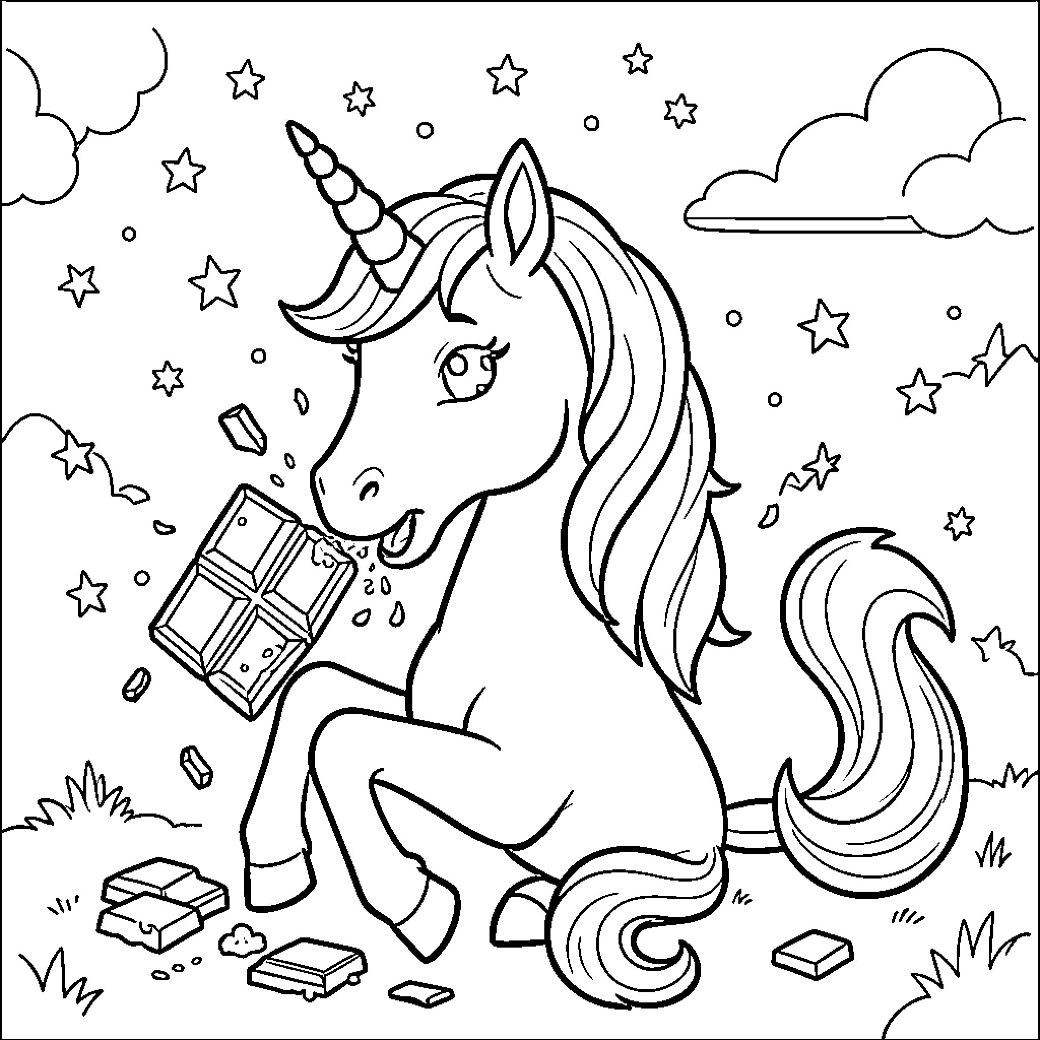 Unicorn gazing at a magical treasure chest Coloring Page (free black-and-white line drawing printable PDF for all, from beginners to advanced learners, including children, teens, adults, and seniors)