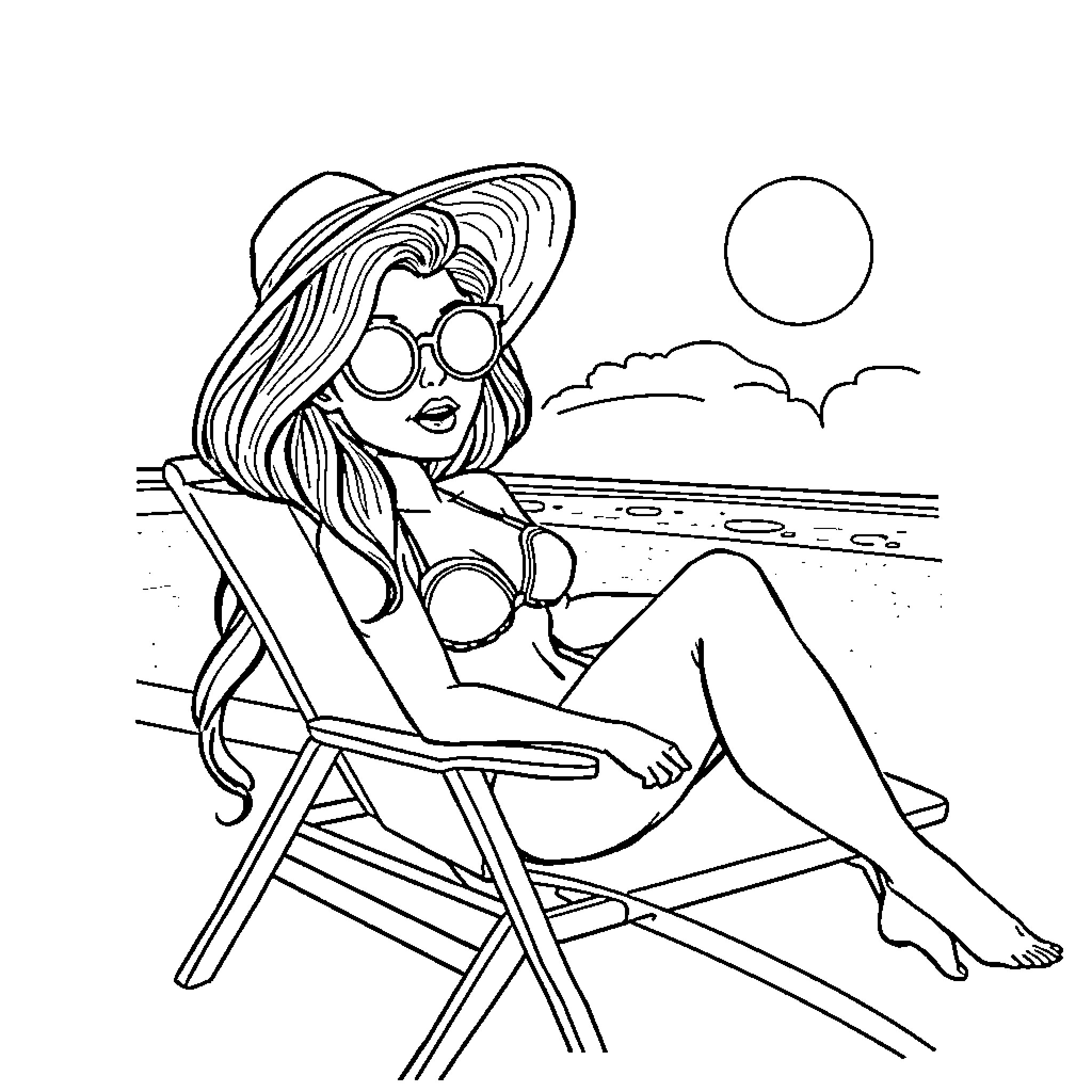 Madison Ivy relaxing on the beach Coloring Page (free black-and-white line drawing printable PDF for all, from beginners to advanced learners, including children, teens, adults, and seniors)