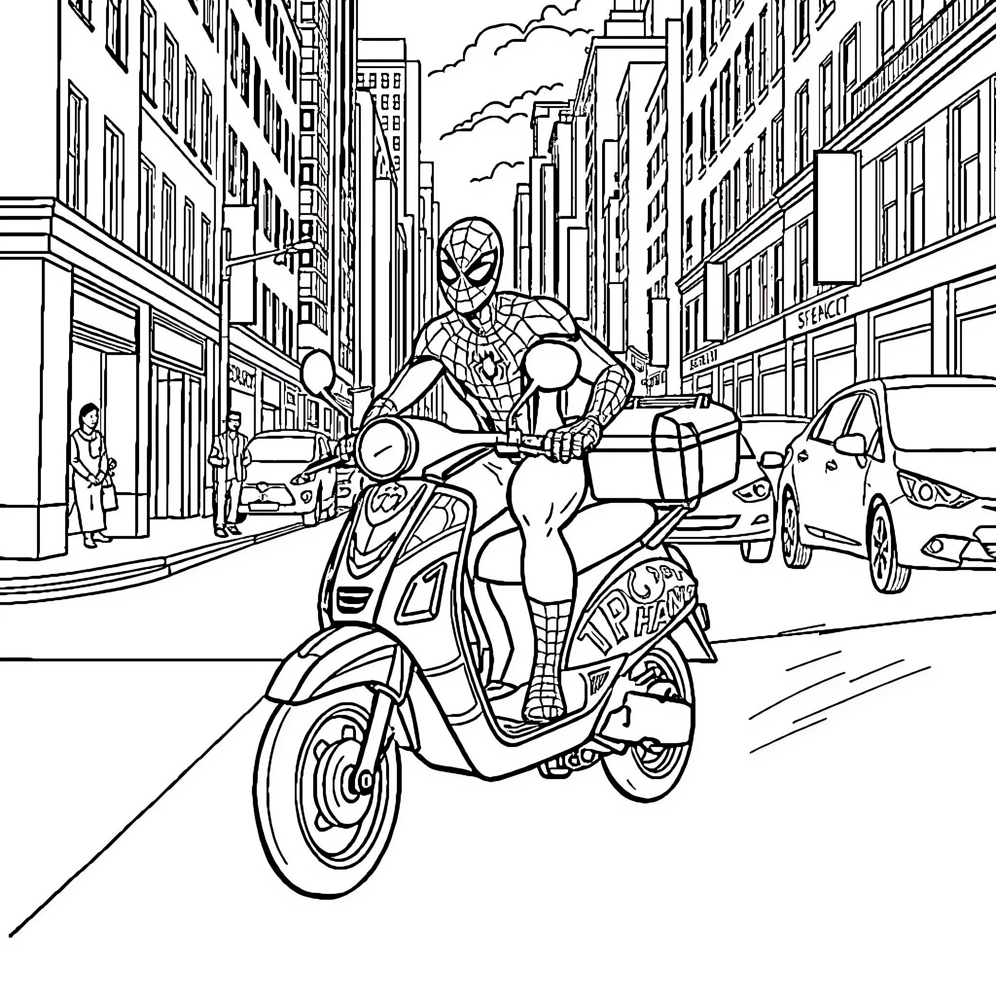 Spiderman riding scooter on city street Coloring Page (free black-and-white line drawing printable PDF for all, from beginners to advanced learners, including children, teens, adults, and seniors)