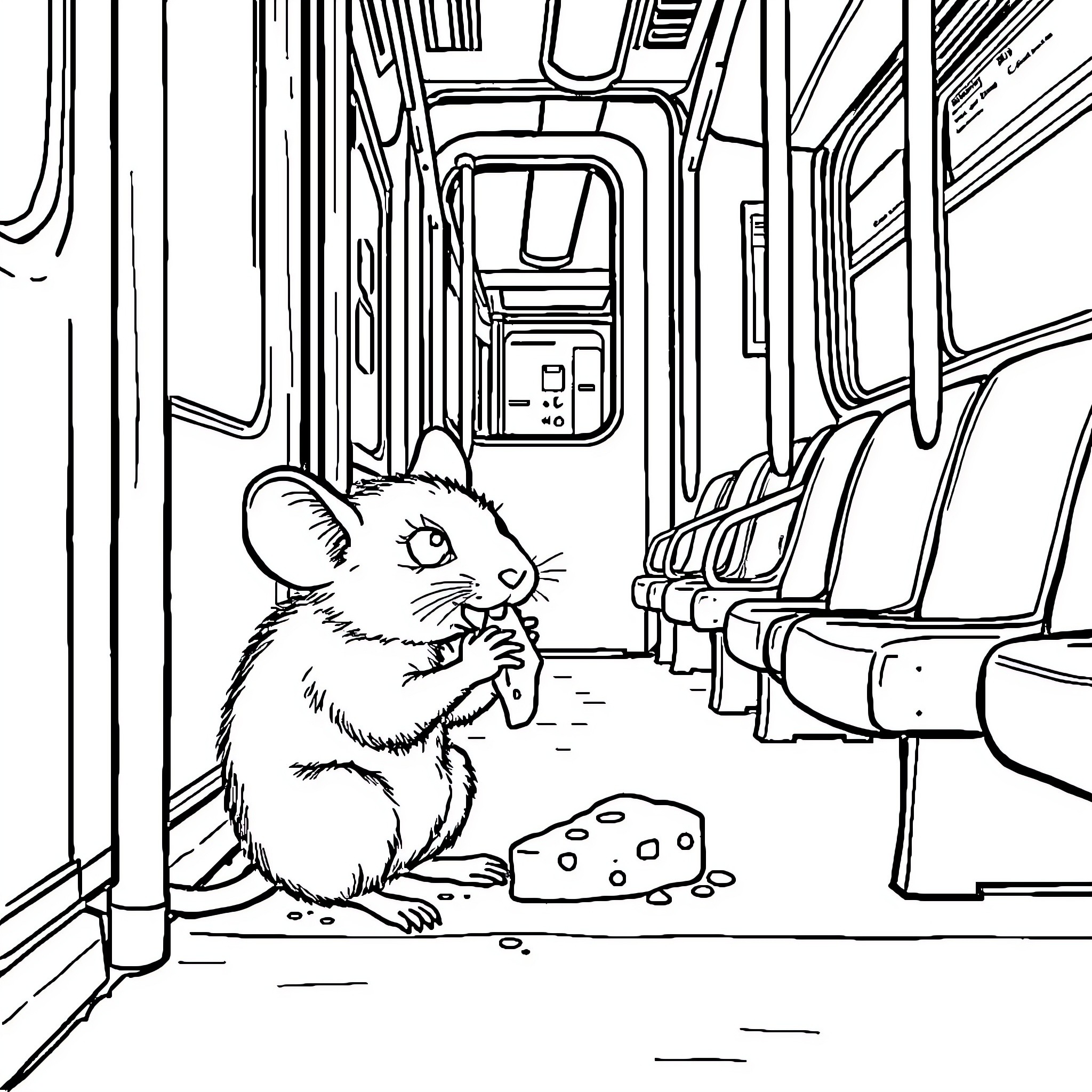 Mouse riding the subway with a piece of cheese Coloring Page (free black-and-white line drawing printable PDF for all, from beginners to advanced learners, including children, teens, adults, and seniors)
