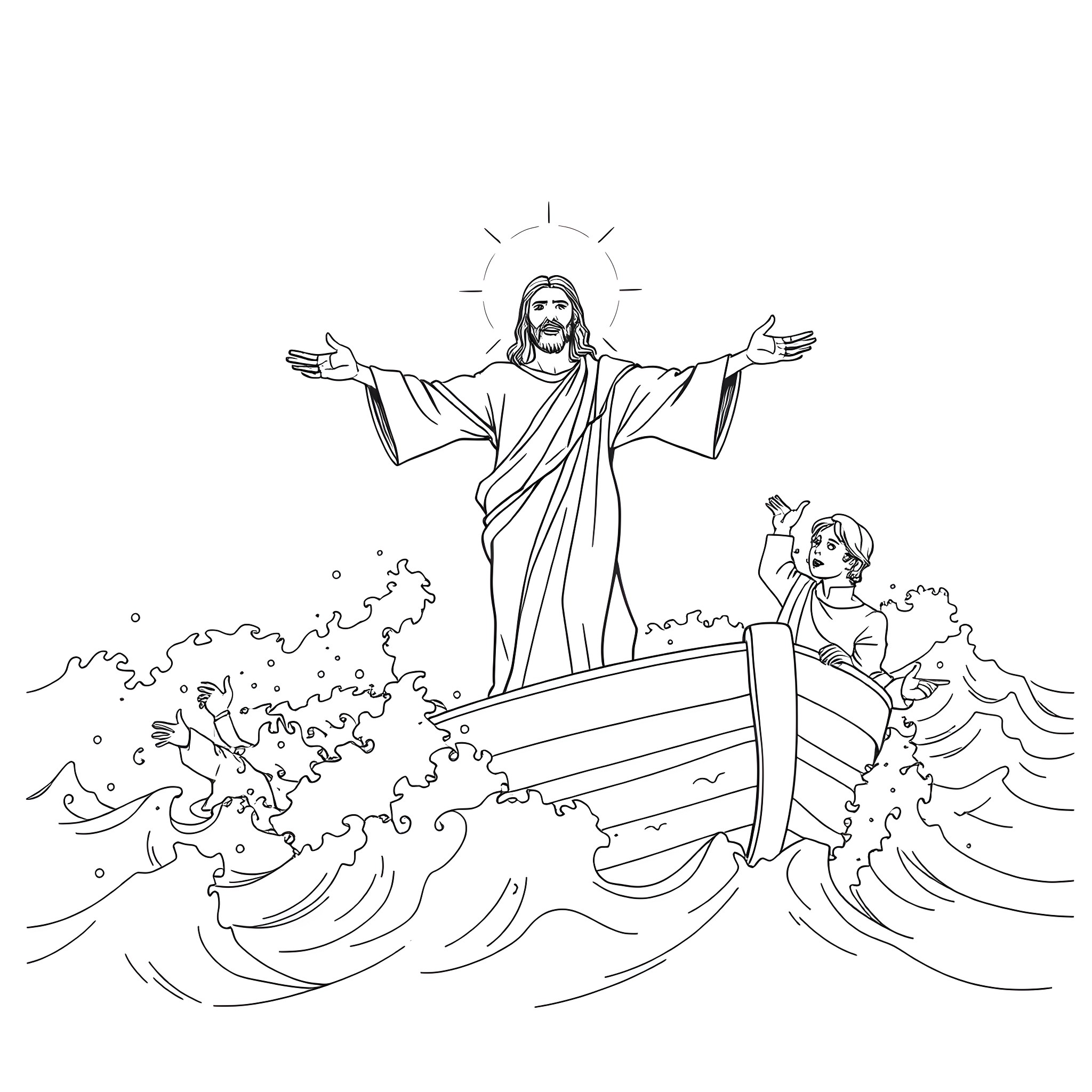 Jesus calming the stormy seas for a person in a boat Coloring Page (free black-and-white line drawing printable PDF for all, from beginners to advanced learners, including children, teens, adults, and seniors)