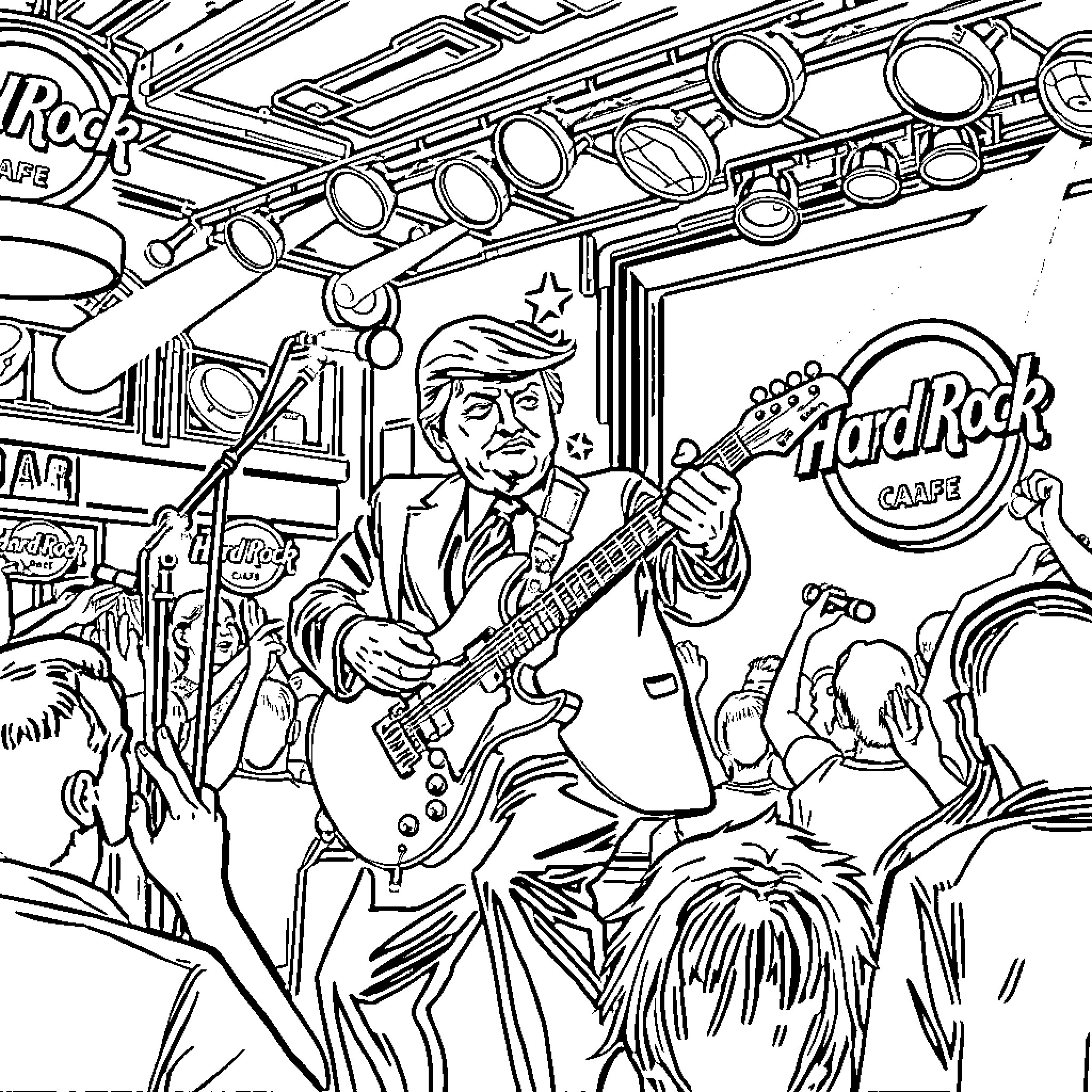 Donald Trump Performs at Hard Rock Cafe Coloring Page (free black-and-white line drawing printable PDF for all, from beginners to advanced learners, including children, teens, adults, and seniors)