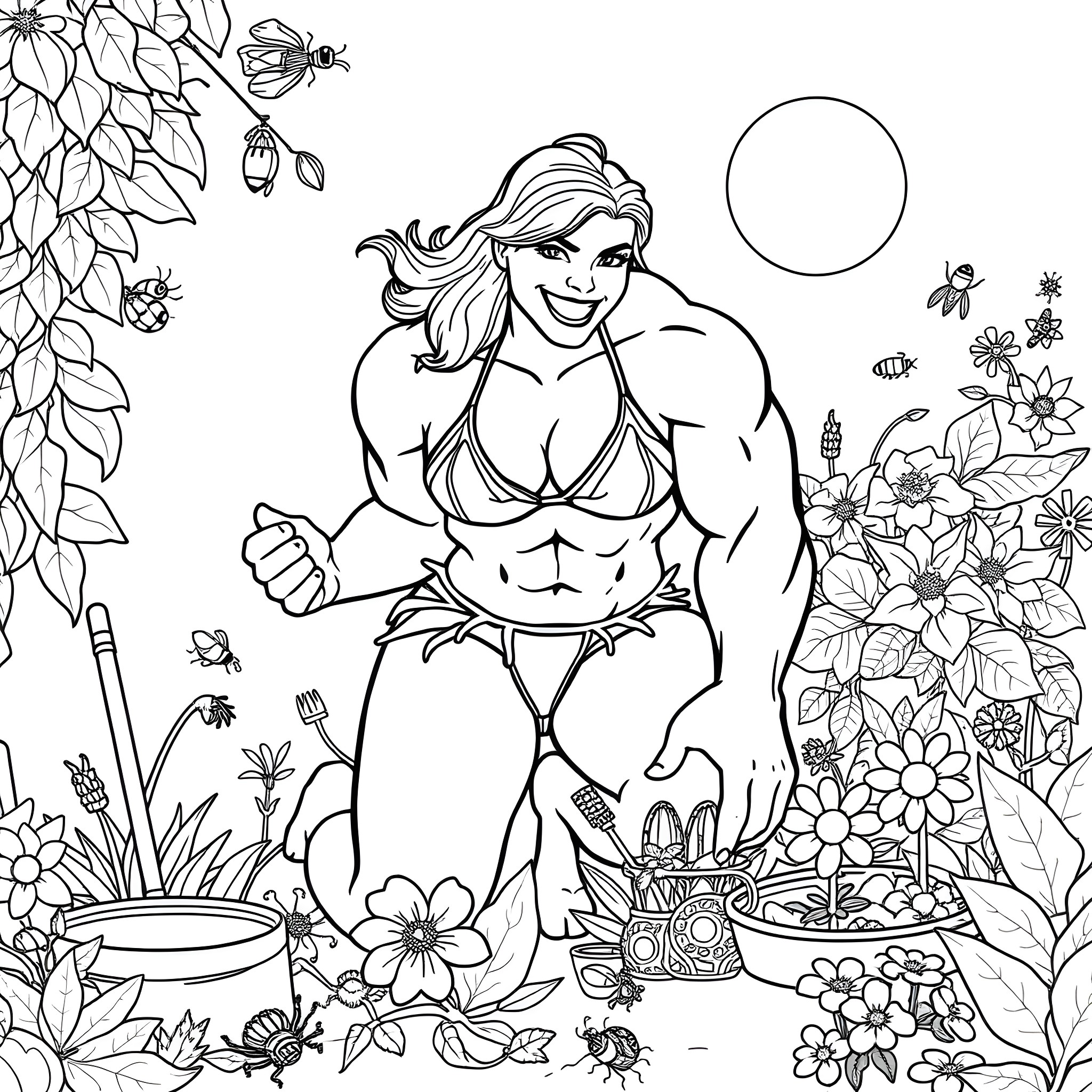 Hulk gardening amidst flowers and nature Coloring Page (free black-and-white line drawing printable PDF for all, from beginners to advanced learners, including children, teens, adults, and seniors)