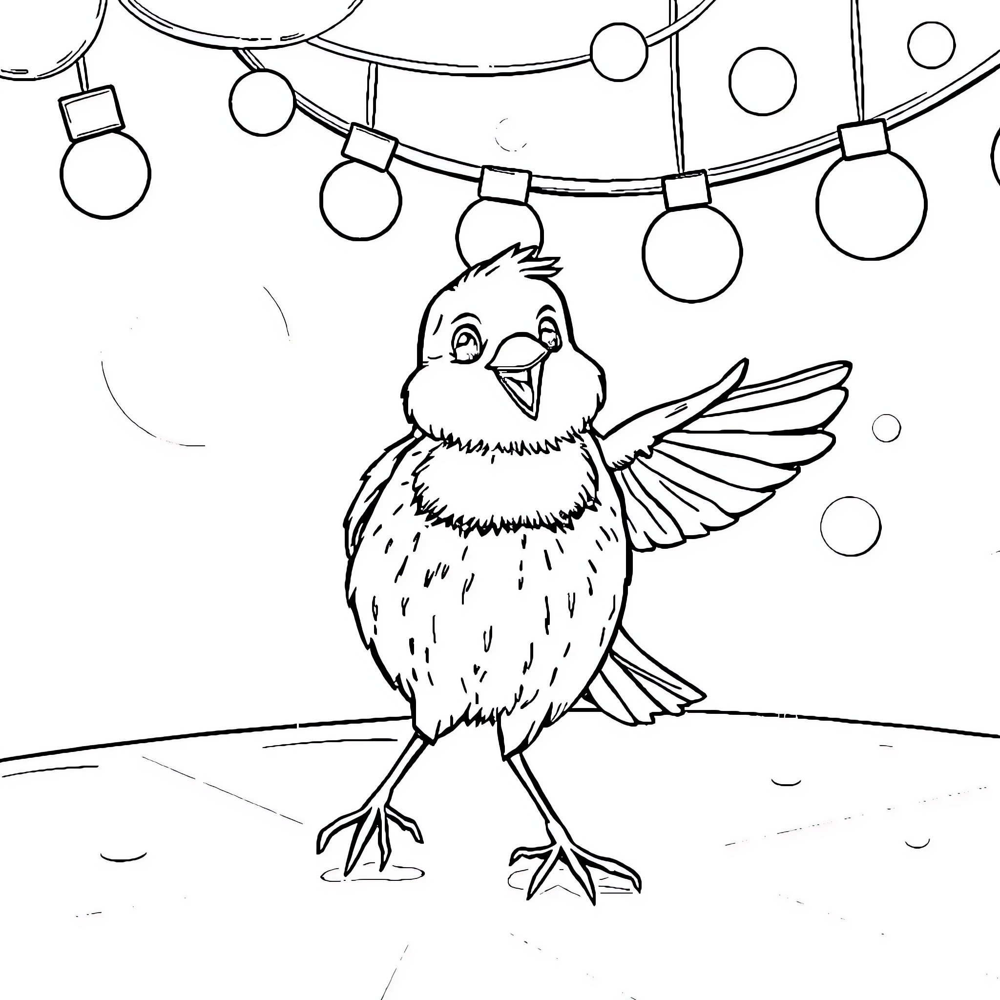 Robin Perching Cheerfully Under Festive Lights Coloring Page (free black-and-white line drawing printable PDF for all, from beginners to advanced learners, including children, teens, adults, and seniors)