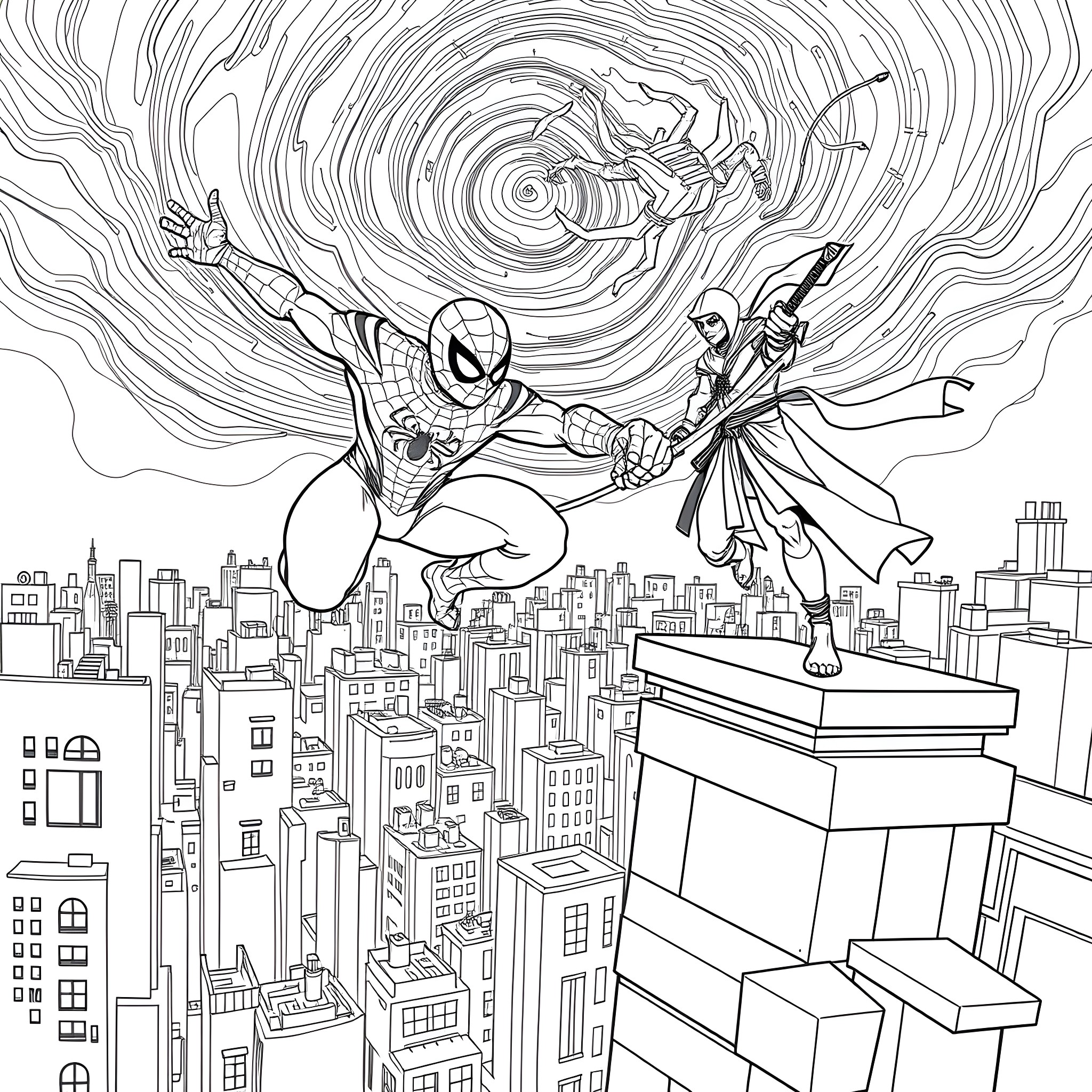 Spider-Man heroically swinging through city against supervillain Coloring Page (free black-and-white line drawing printable PDF for all, from beginners to advanced learners, including children, teens, adults, and seniors)