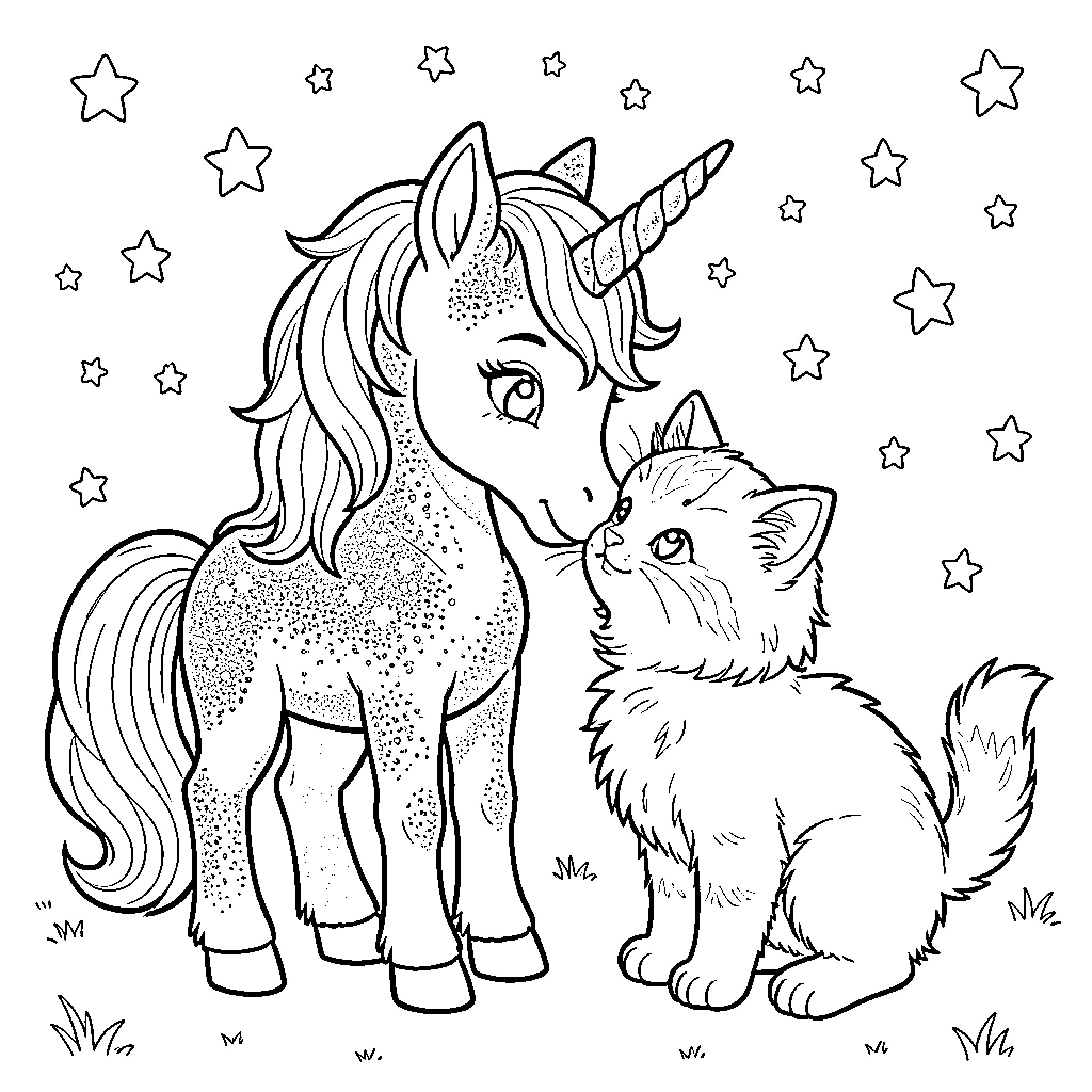Unicorn and Kitten in Starry Night Coloring Page (free black-and-white line drawing printable PDF for all, from beginners to advanced learners, including children, teens, adults, and seniors)