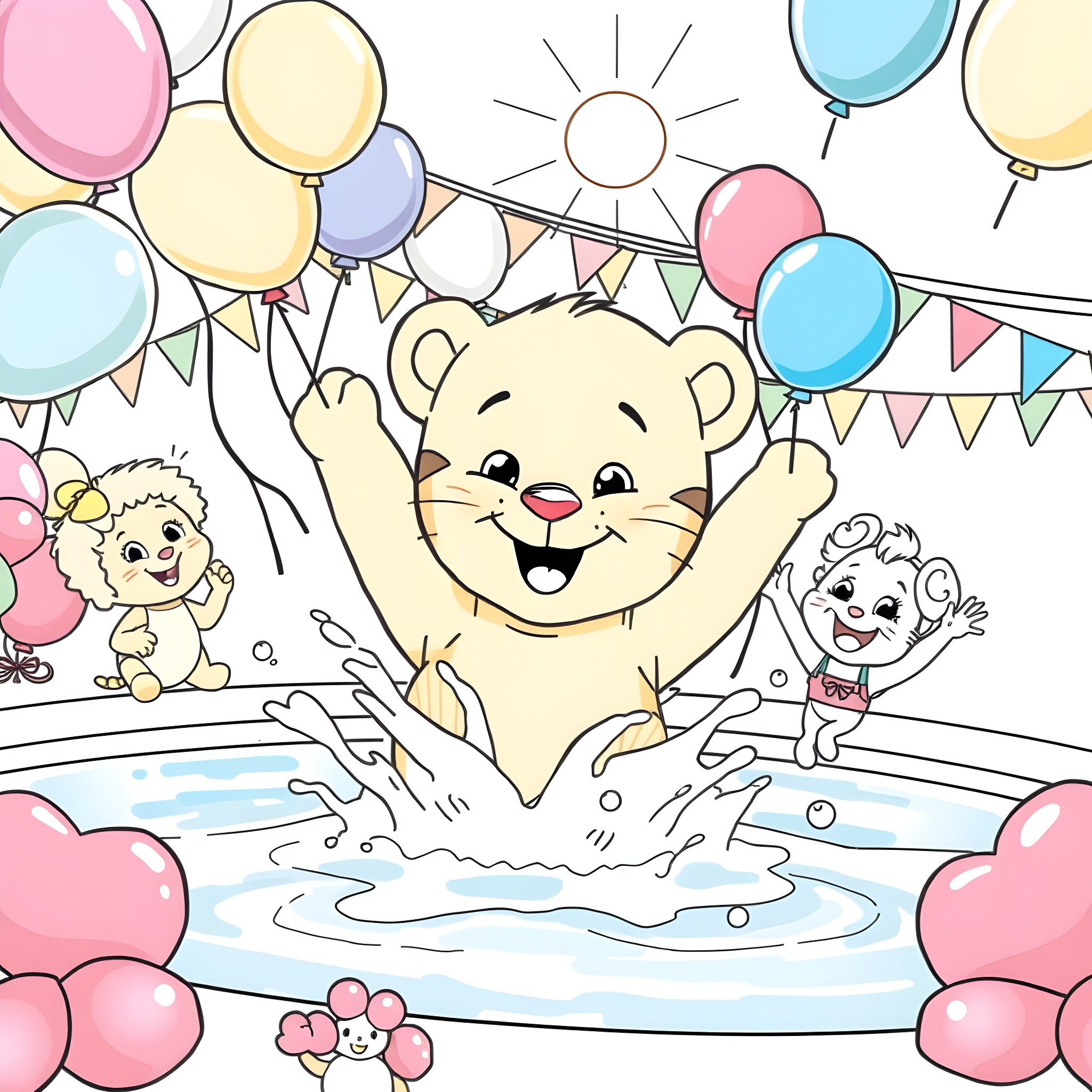 Daniel Tiger Playfully Splashing in Pool with Friends Coloring Page (free black-and-white line drawing printable PDF for all, from beginners to advanced learners, including children, teens, adults, and seniors)