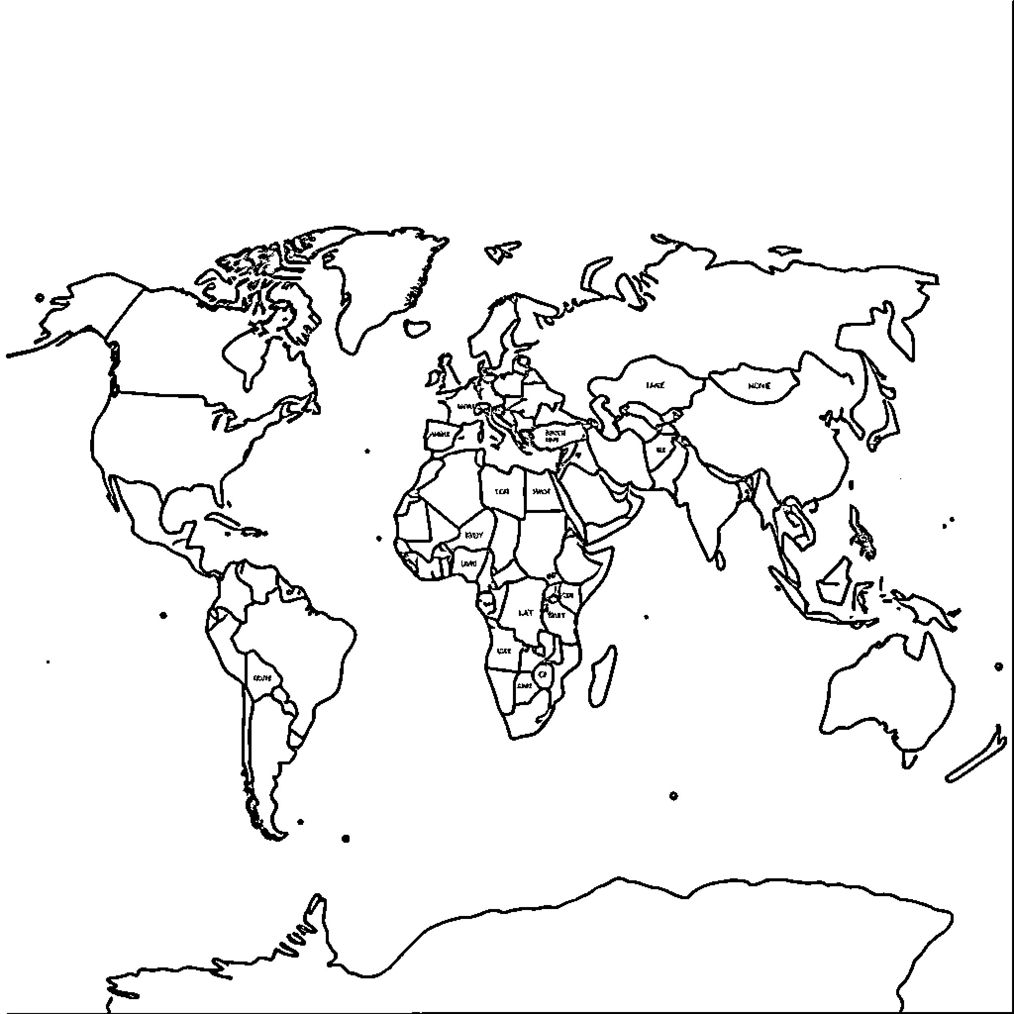 World Map Outline with Continents and Borders Coloring Page (free black-and-white line drawing printable PDF for all, from beginners to advanced learners, including children, teens, adults, and seniors)