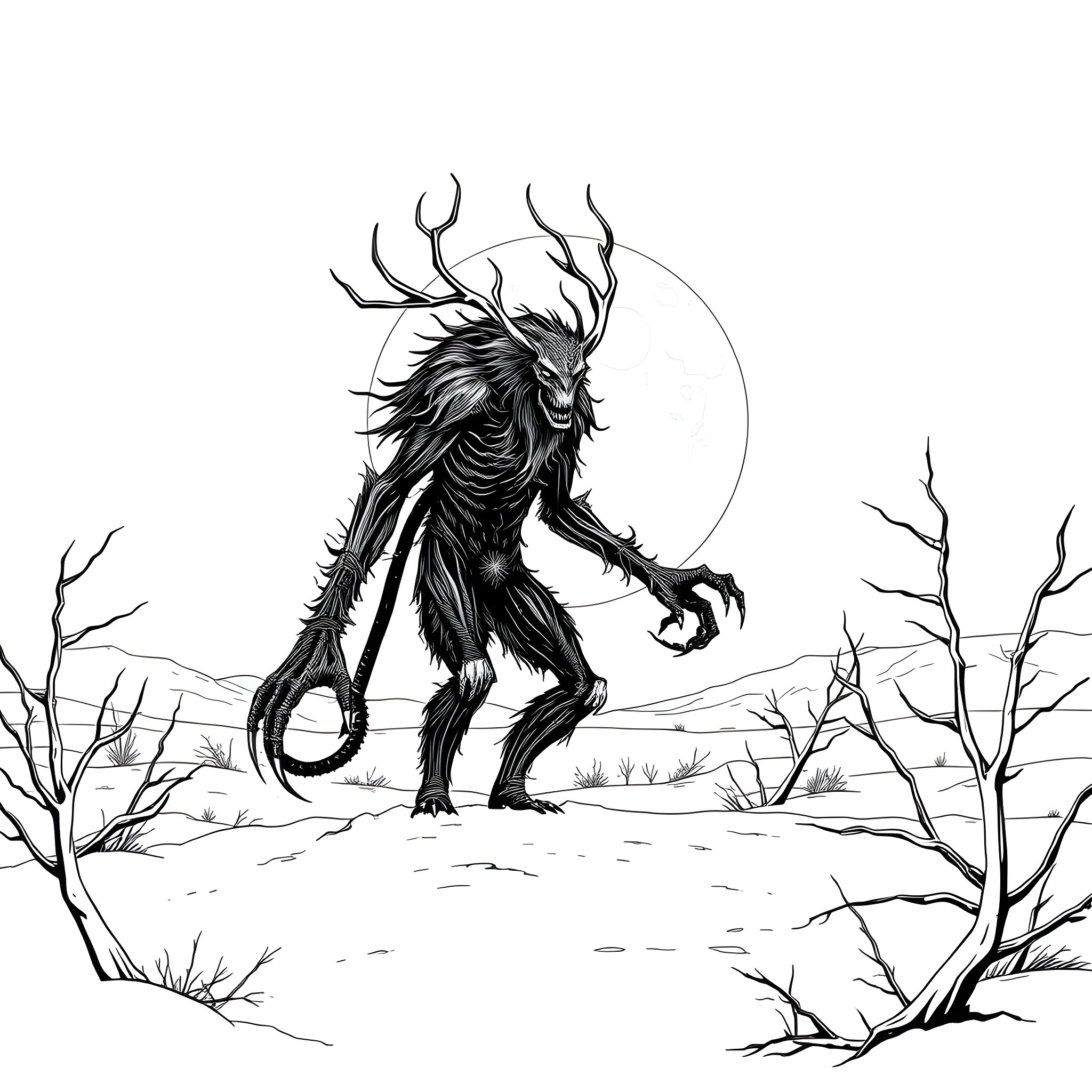 Wendigo stalking in the barren wilderness Coloring Page (free black-and-white line drawing printable PDF for all, from beginners to advanced learners, including children, teens, adults, and seniors)
