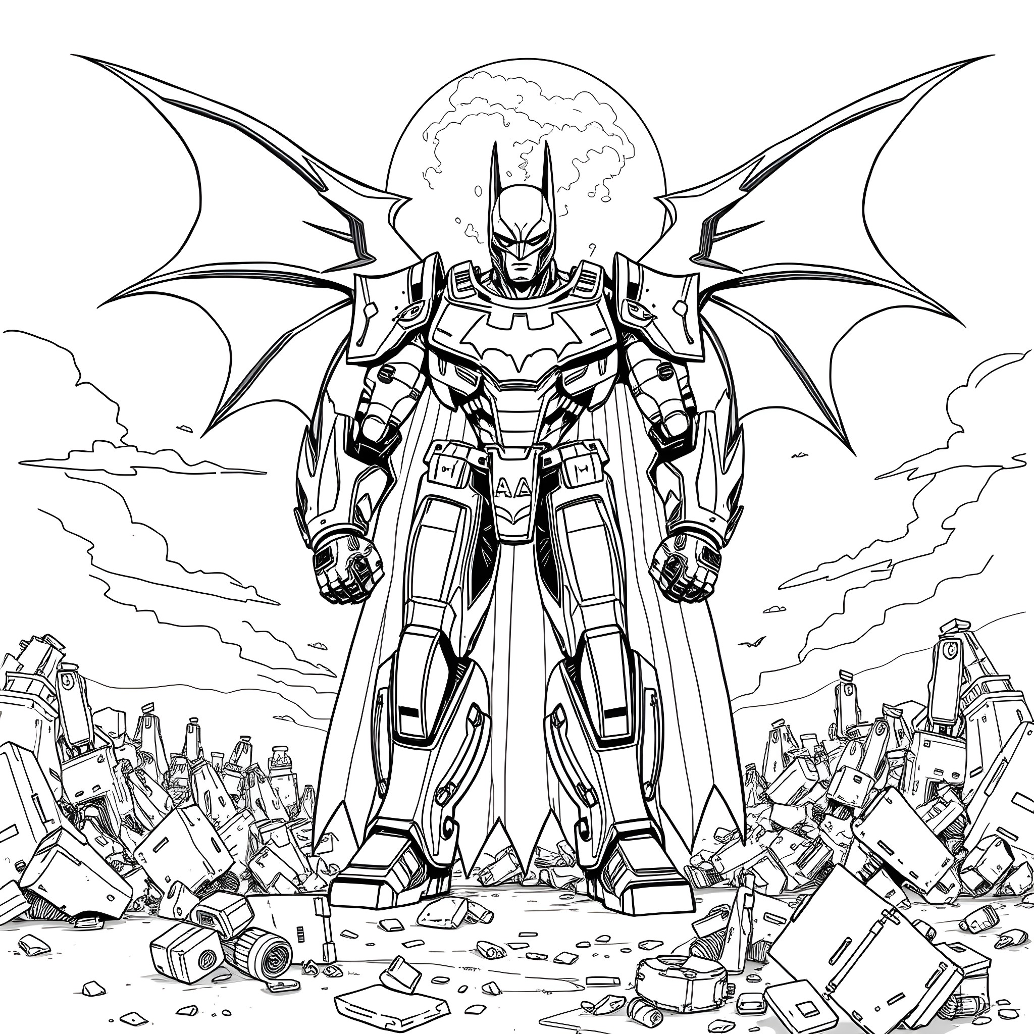 Mecha Batman stands tall amidst the wreckage Coloring Page (free black-and-white line drawing printable PDF for all, from beginners to advanced learners, including children, teens, adults, and seniors)